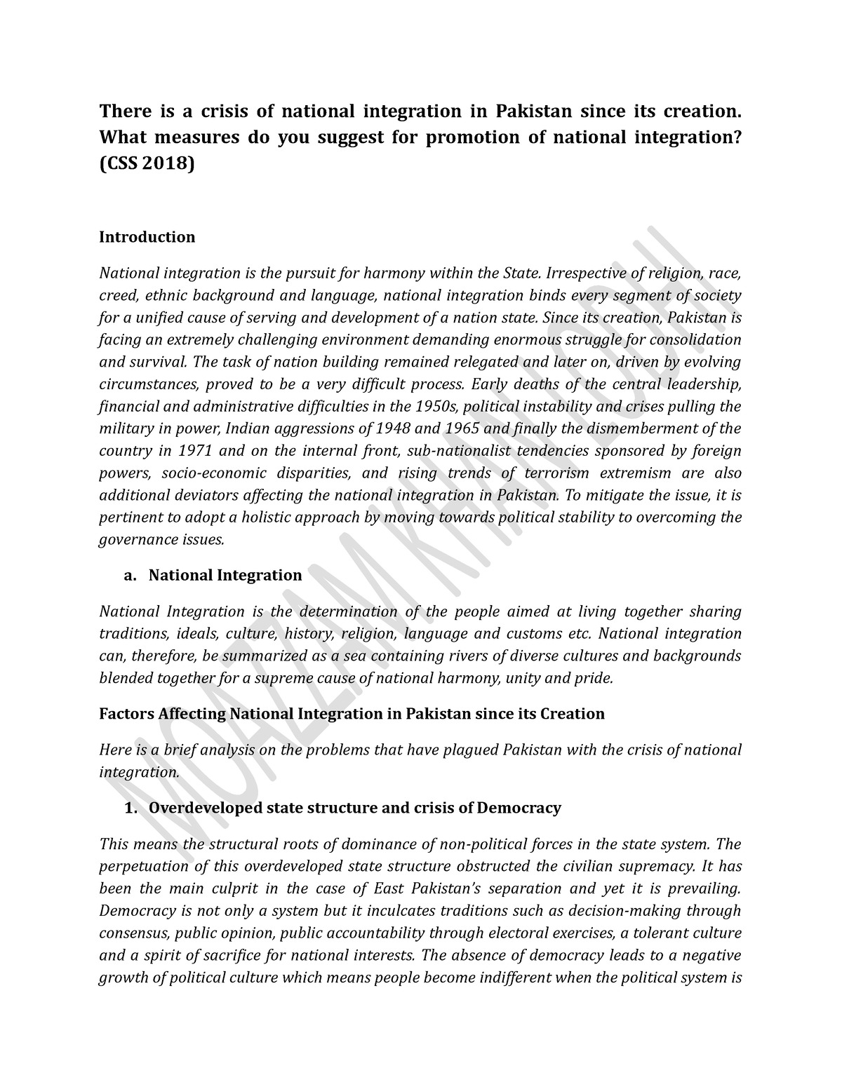 essay on national integration of pakistan