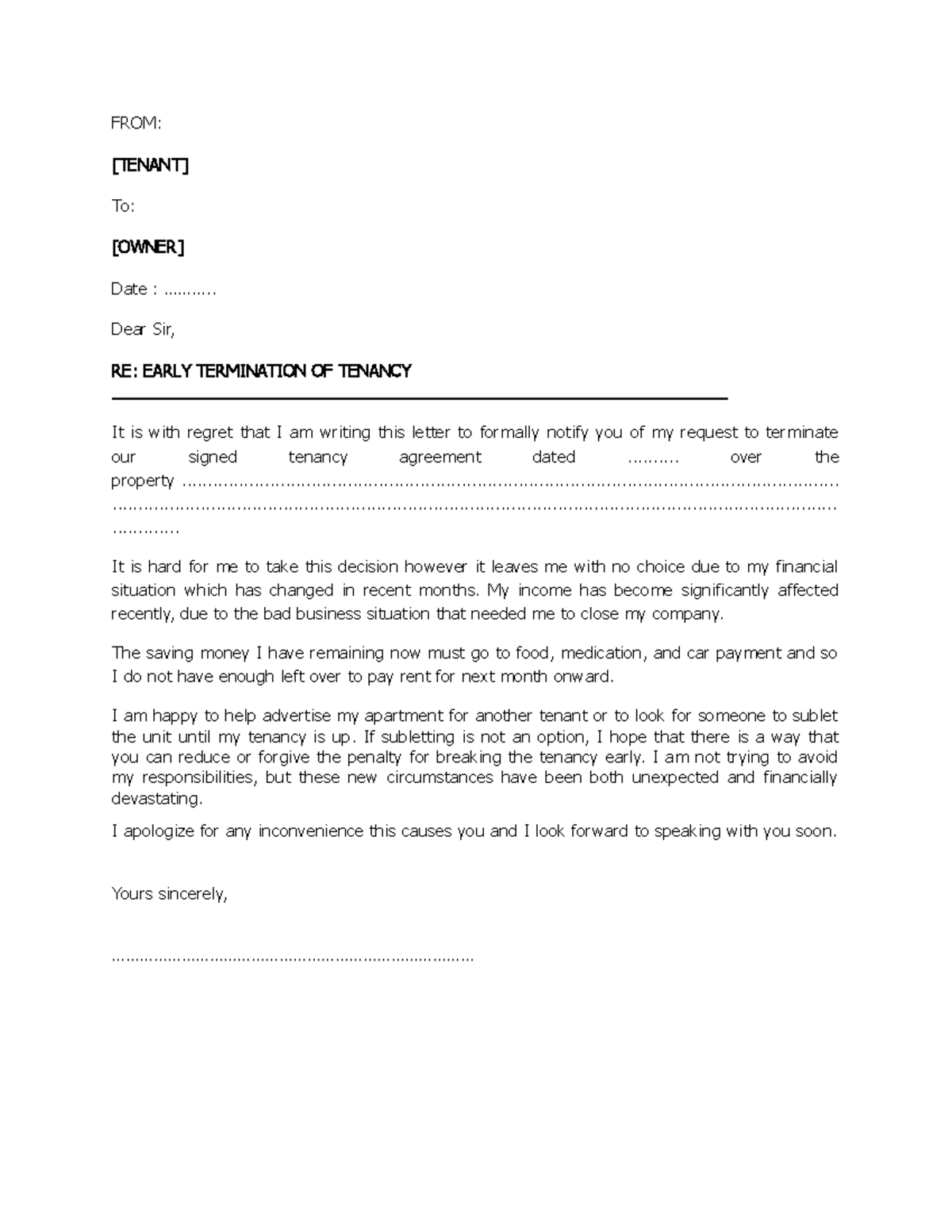 Sample Termination Tenancy FROM [TENANT] To [OWNER] Date