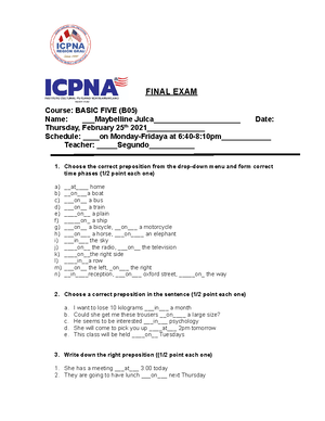 MIT EXAM - ful ingles - MIDTERM EXAM Course: BASIC SIX (B07) Name