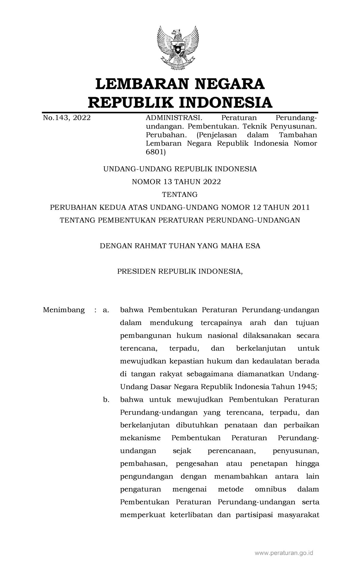 Uu13-2022 - Yes - LEMBARAN NEGARA REPUBLIK INDONESIA No, 2022 ...