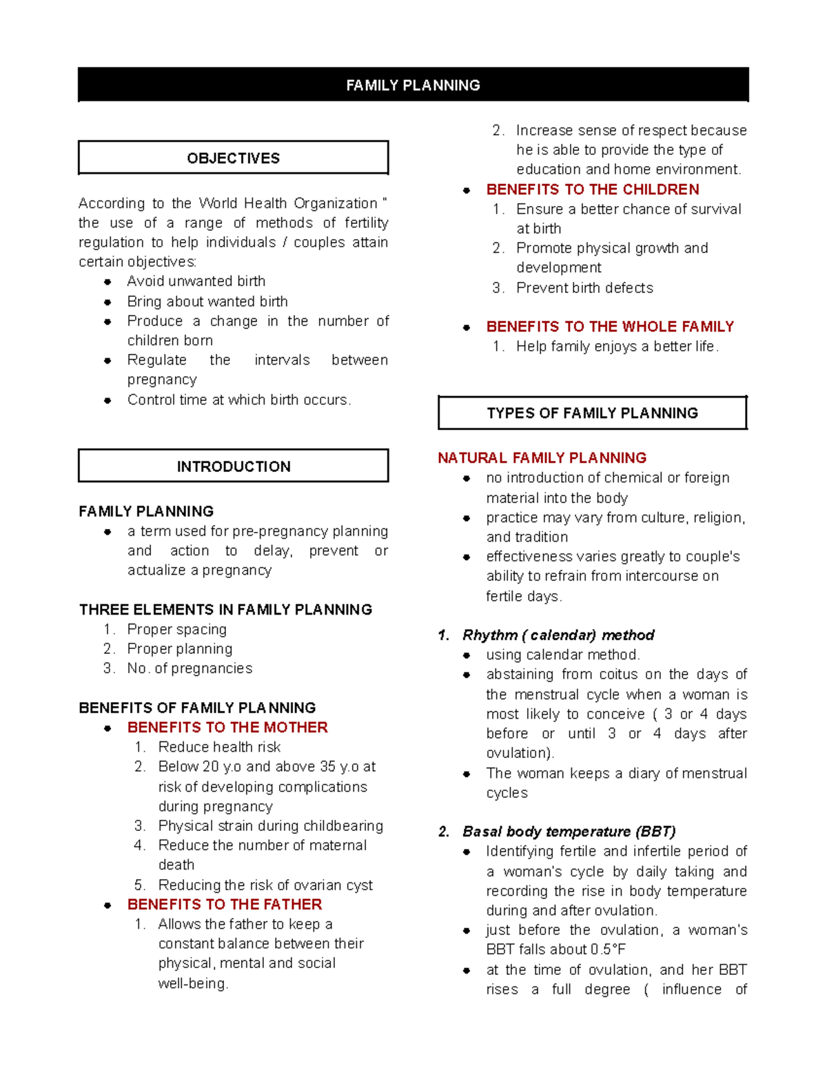 Family Planning Nursing notes FAMILY PLANNING OBJECTIVES According