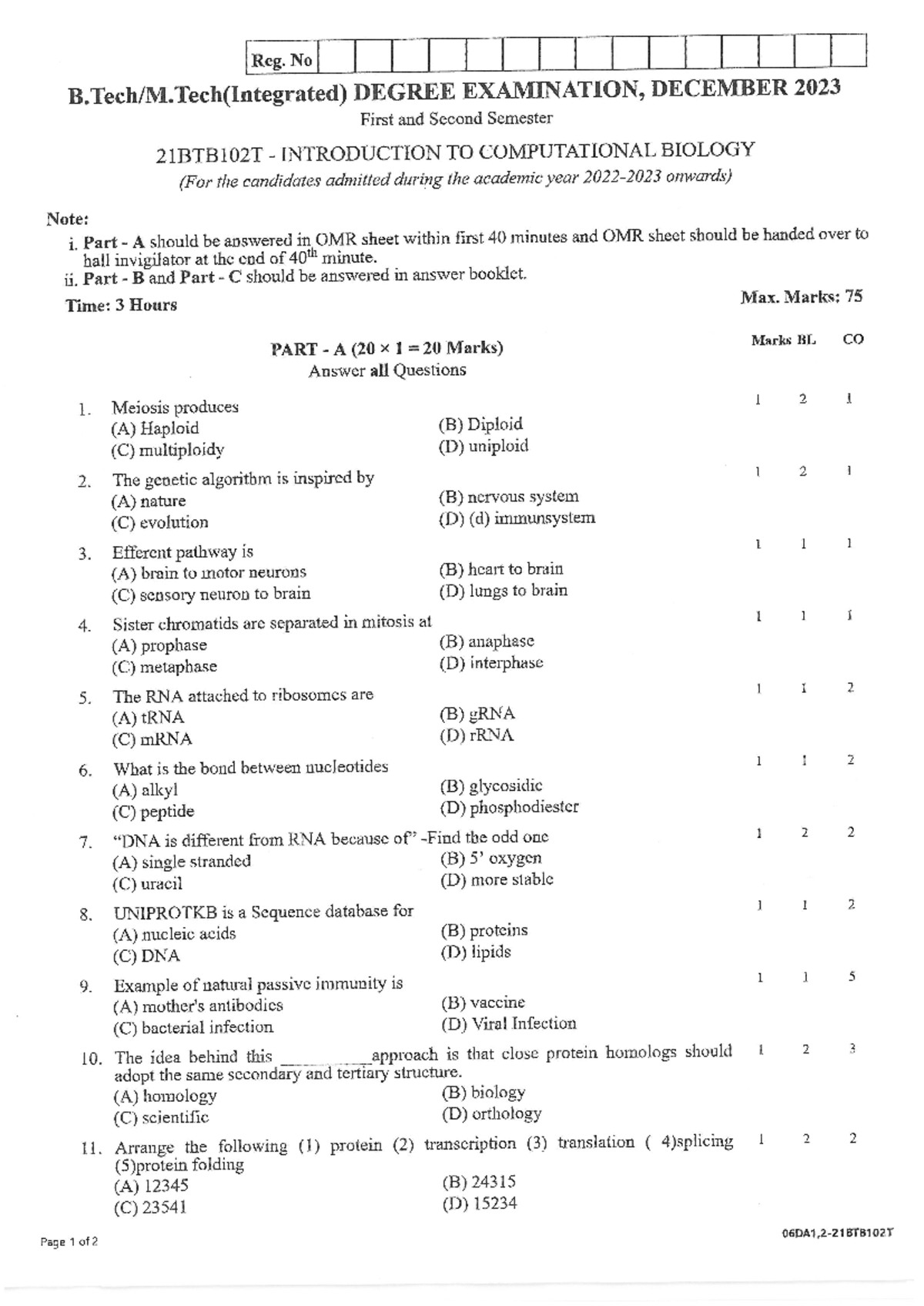 Bio paper 1 - OS Unit 5 - Reg. No DEGREE EXAMINATION, DECEMBER 2023 ...