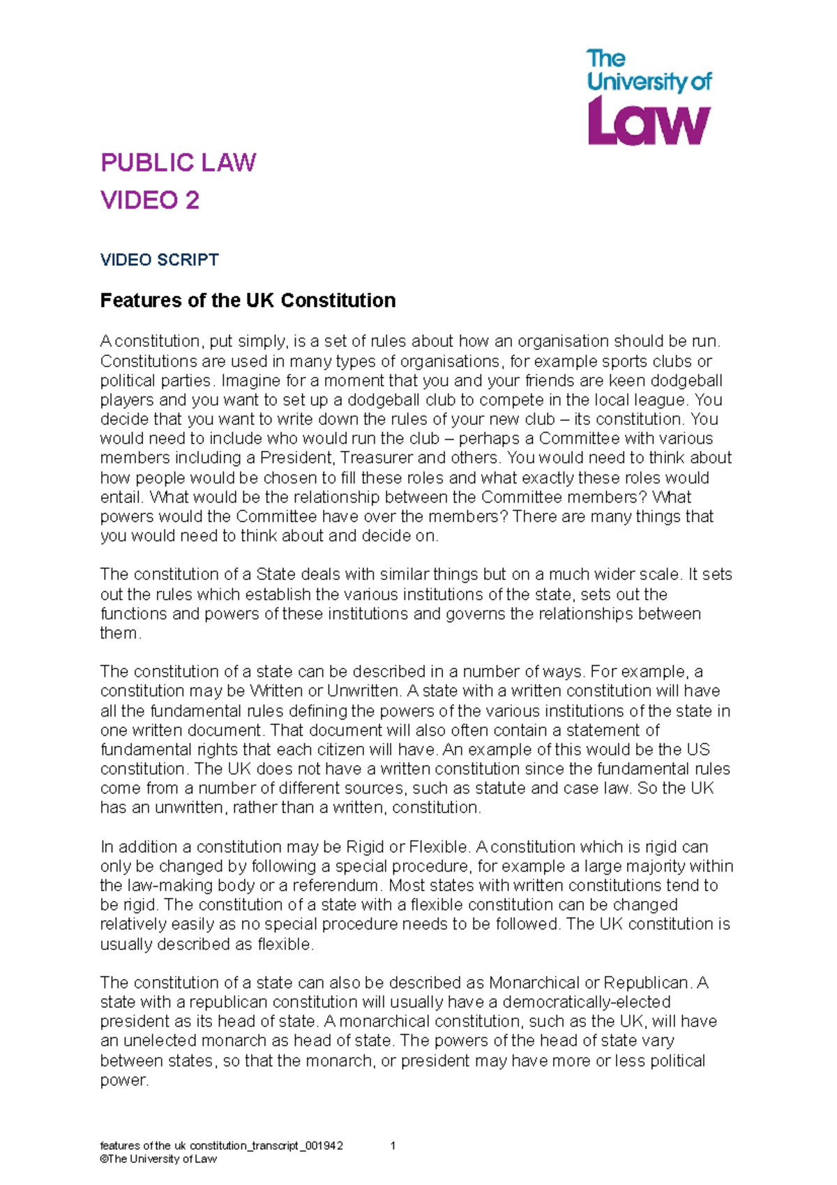 features of the uk constitution - PUBLIC LAW VIDEO 2 VIDEO SCRIPT ...