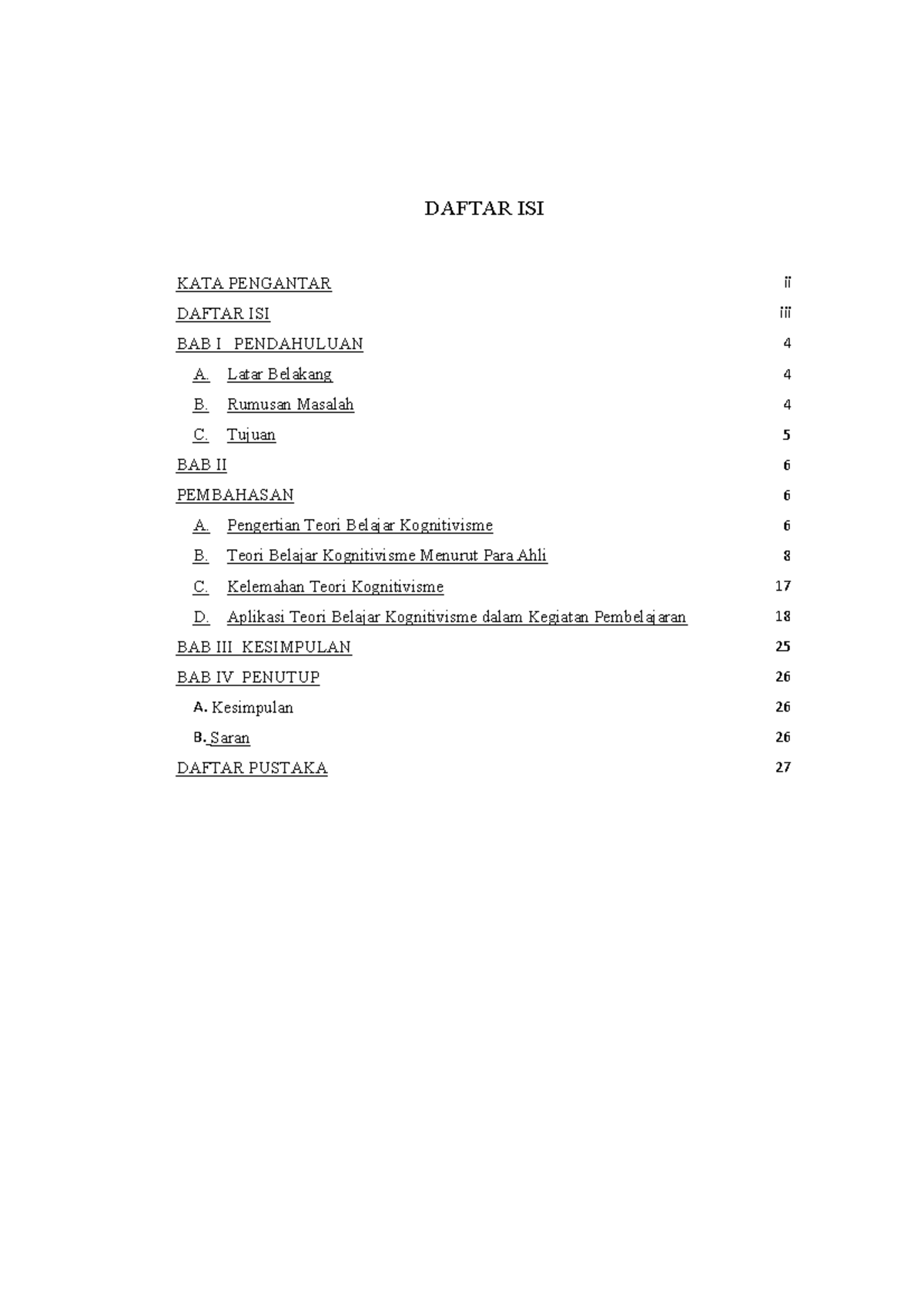 Teori Belajar Kognitivisme Daftar Isi Kata Pengantar Ii Bab I Pendahuluan Daftar Isi Iii A 3090