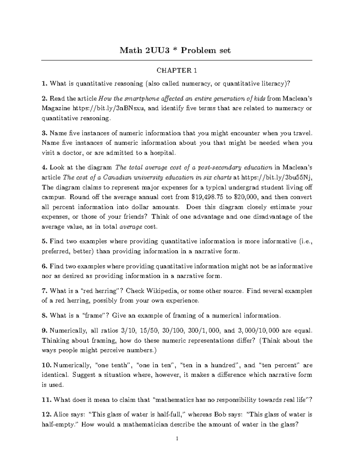 Problem set - Math 2UU3 * Problem set CHAPTER 1 What is quantitative ...