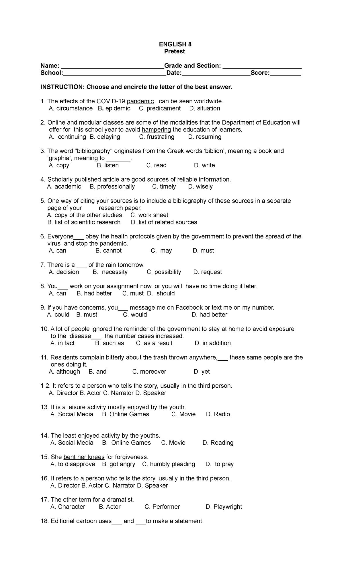 Pretest for grade 8 1 - test - ENGLISH 8 Pretest Name ...