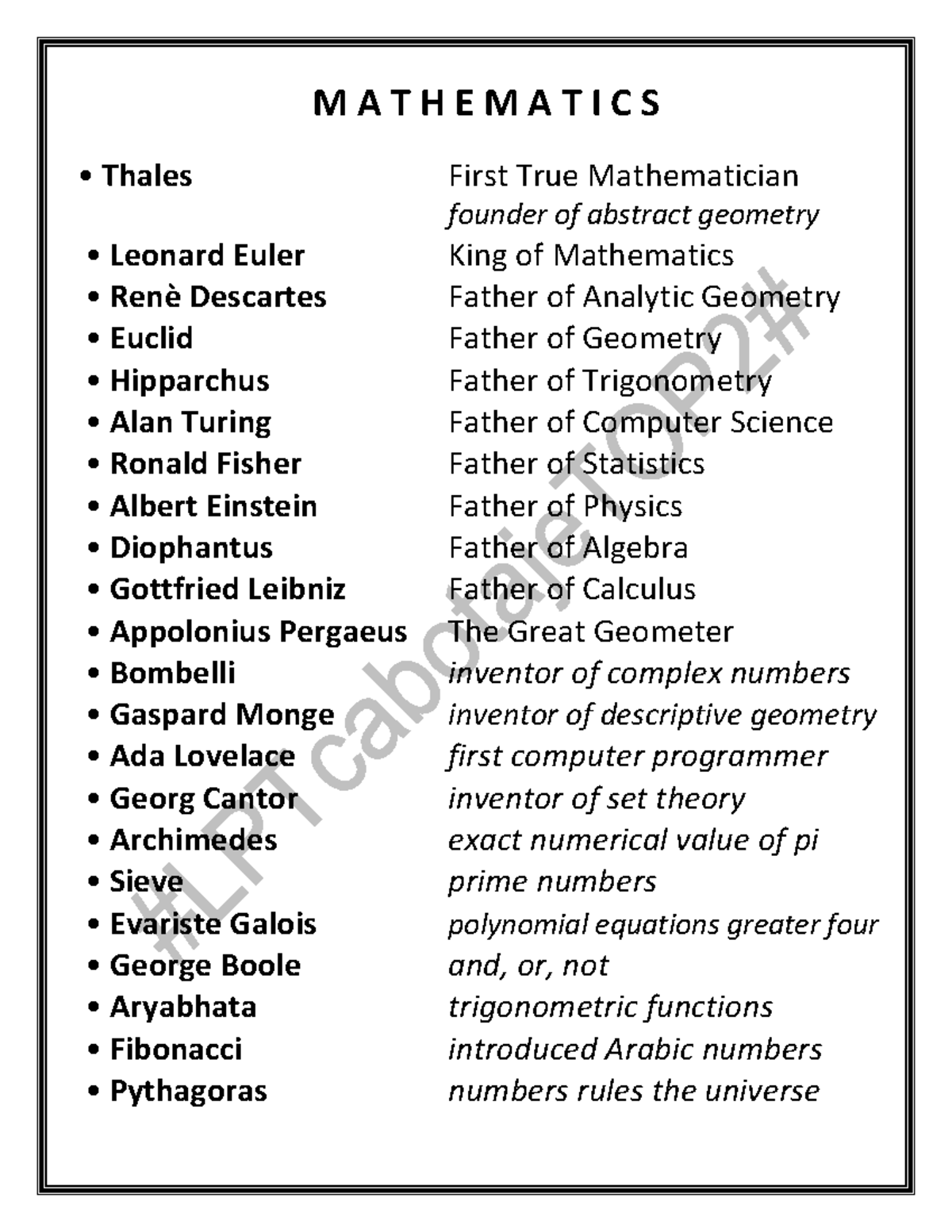 Math reviewer important ppl - M A T H E M A T I C S • Thales First True ...