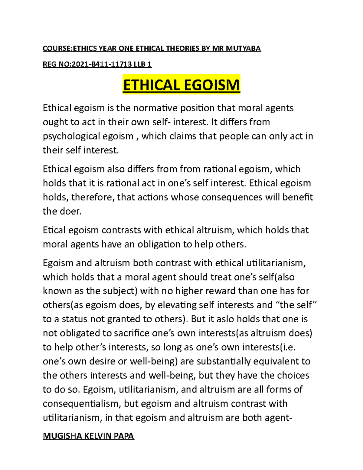 Ethics Course WORK Mugisha Kelvin PAPA COURSEETHICS YEAR ONE ETHICAL