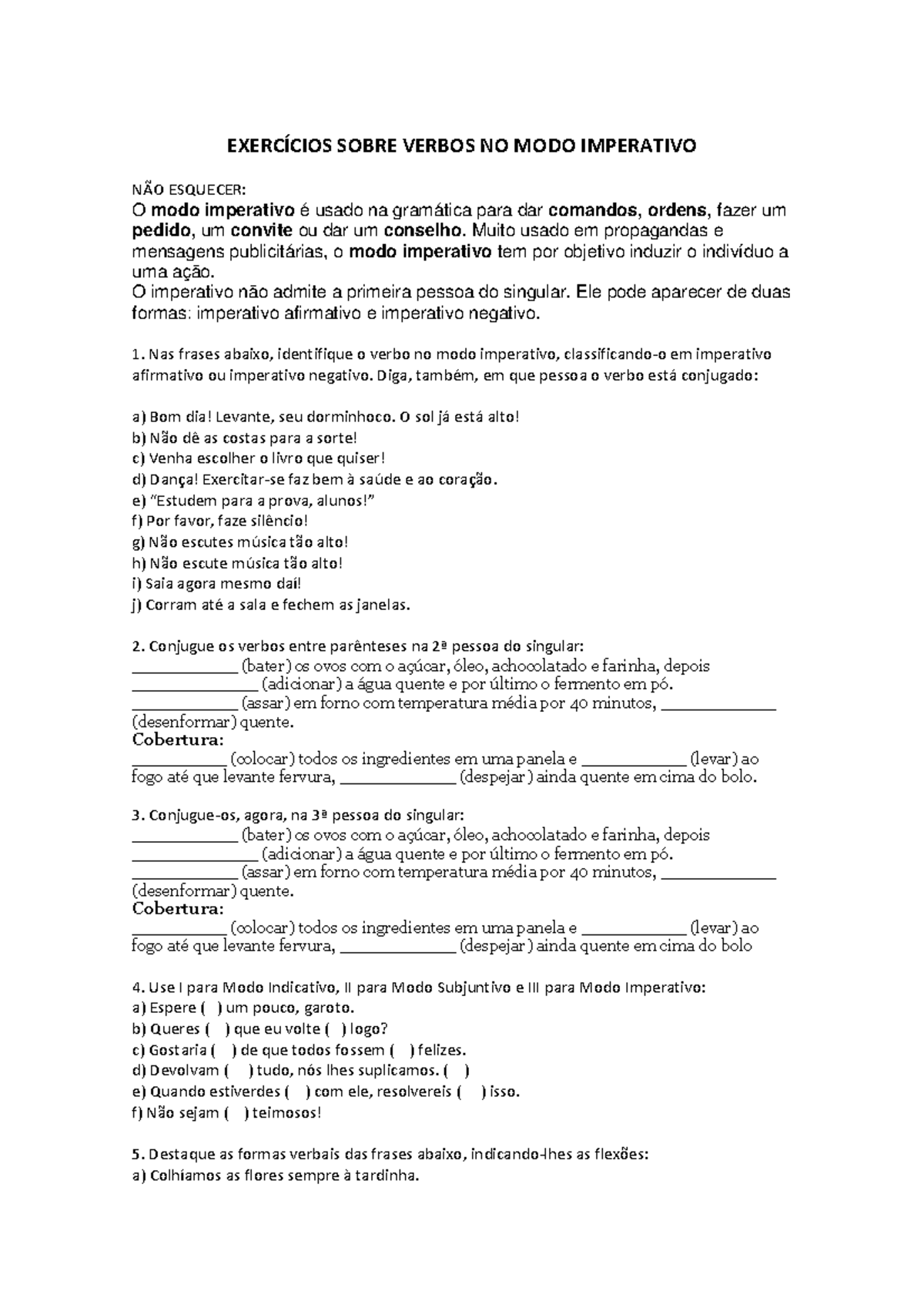 Modo Imperativo Exercícios 7 Ano - BINKEDU