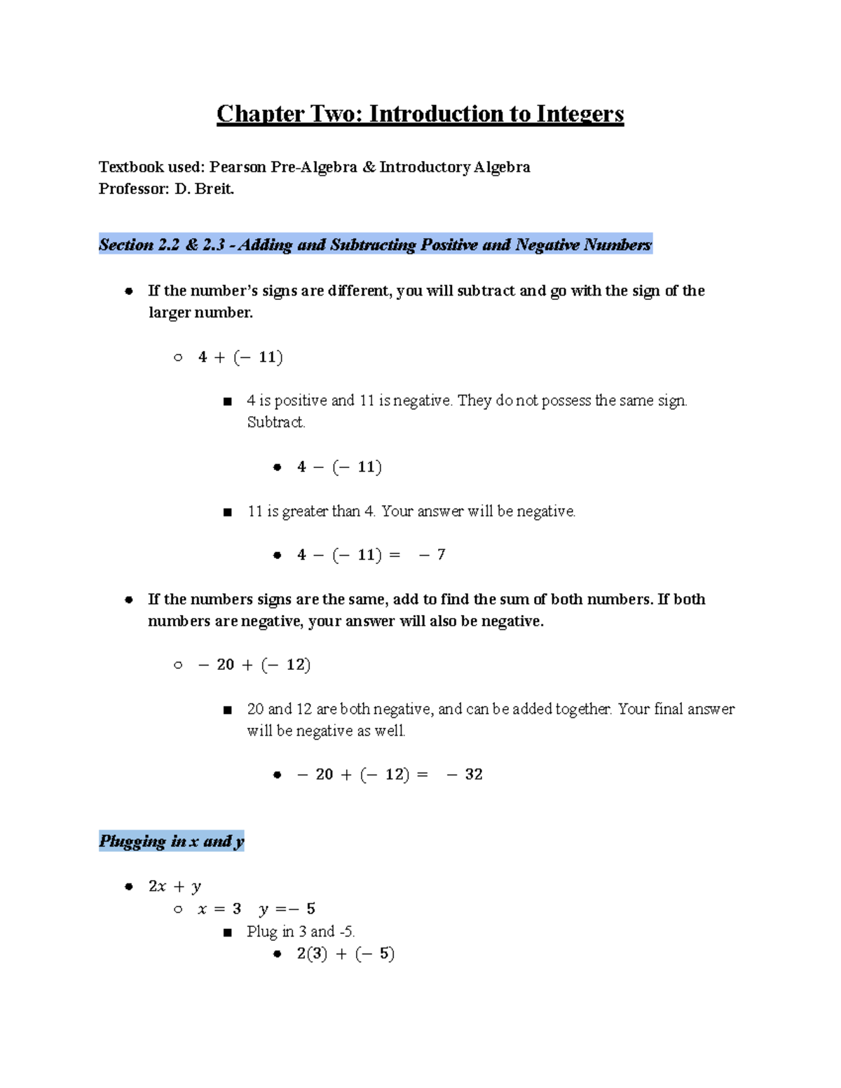 Developmental Math - Chapter 2: Introduction to Integers (Sec 2.2 & 2.3 ...