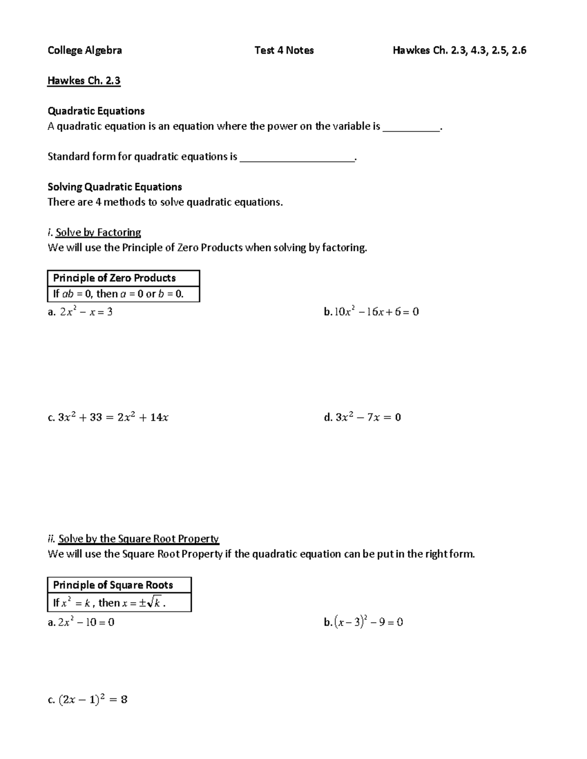 Col Alg Hawkes Test 4 Notes 2.3 4.3 2.5 2 - College Algebra Test 4 ...