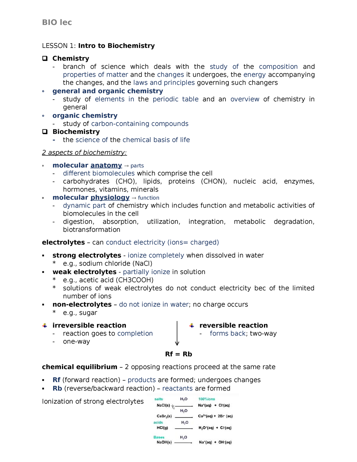 BIO Lec Lesson 1-3 - Notes - LESSON 1: Intro To Biochemistry Chemistry ...