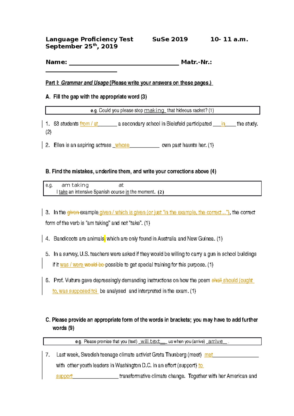 LPT Sept 25 2019 KEY - Übung - Language Proficiency Test SuSe 2019 10 ...