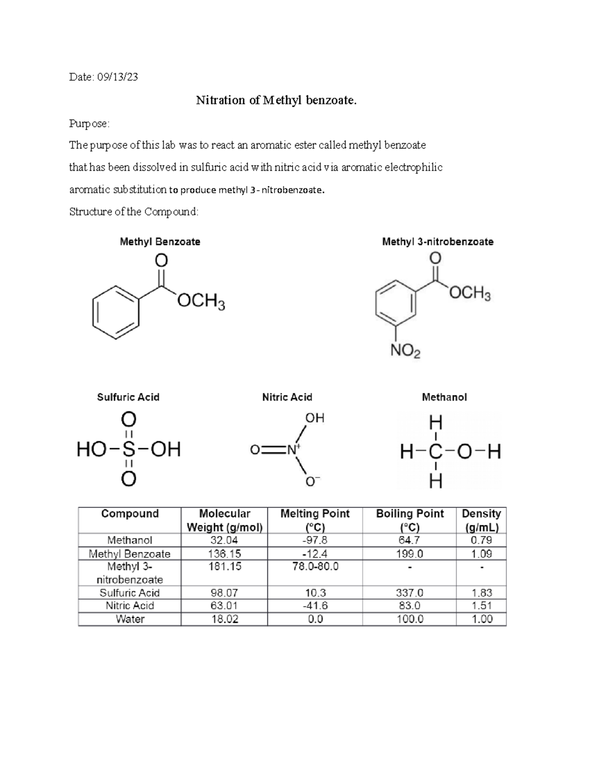 report form experiment 6 regioselective nitration of methyl benzoate