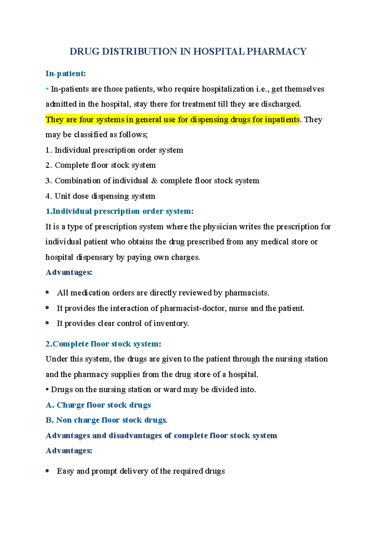DRUG Distribution IN Hospital Pharmacy DRUG DISTRIBUTION IN HOSPITAL