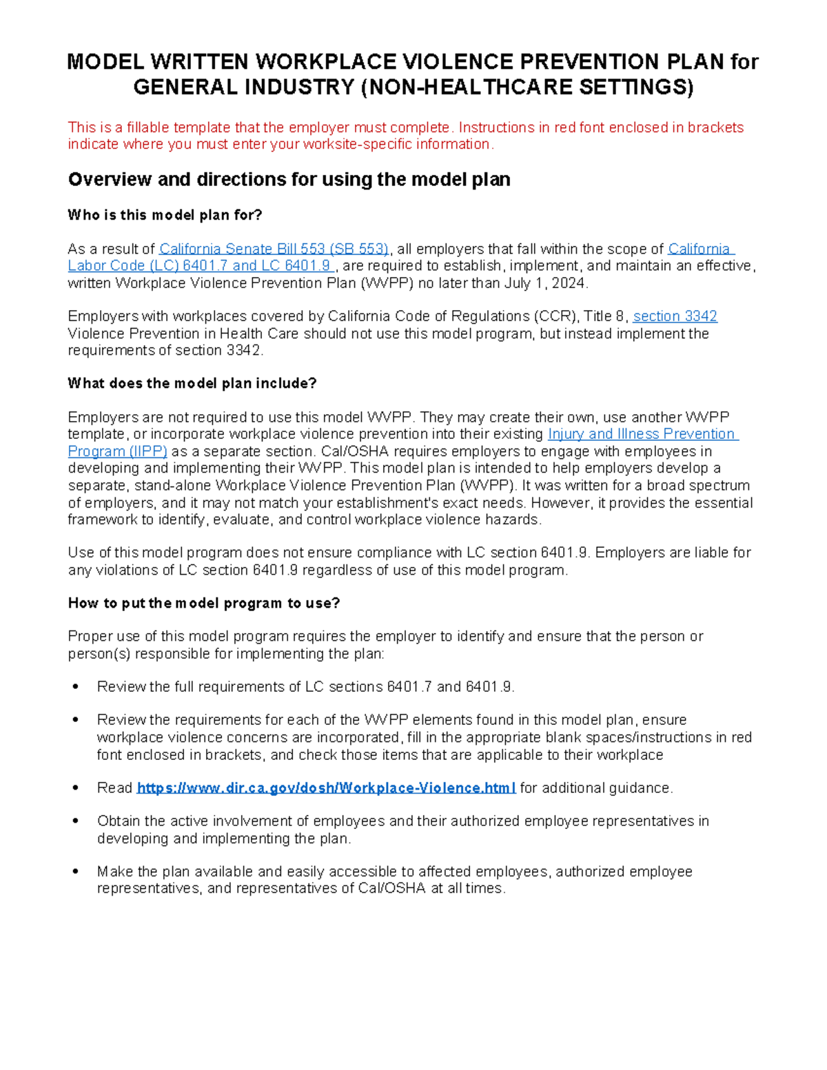 Model WPV Plan General Industry - MODEL WRITTEN WORKPLACE VIOLENCE ...