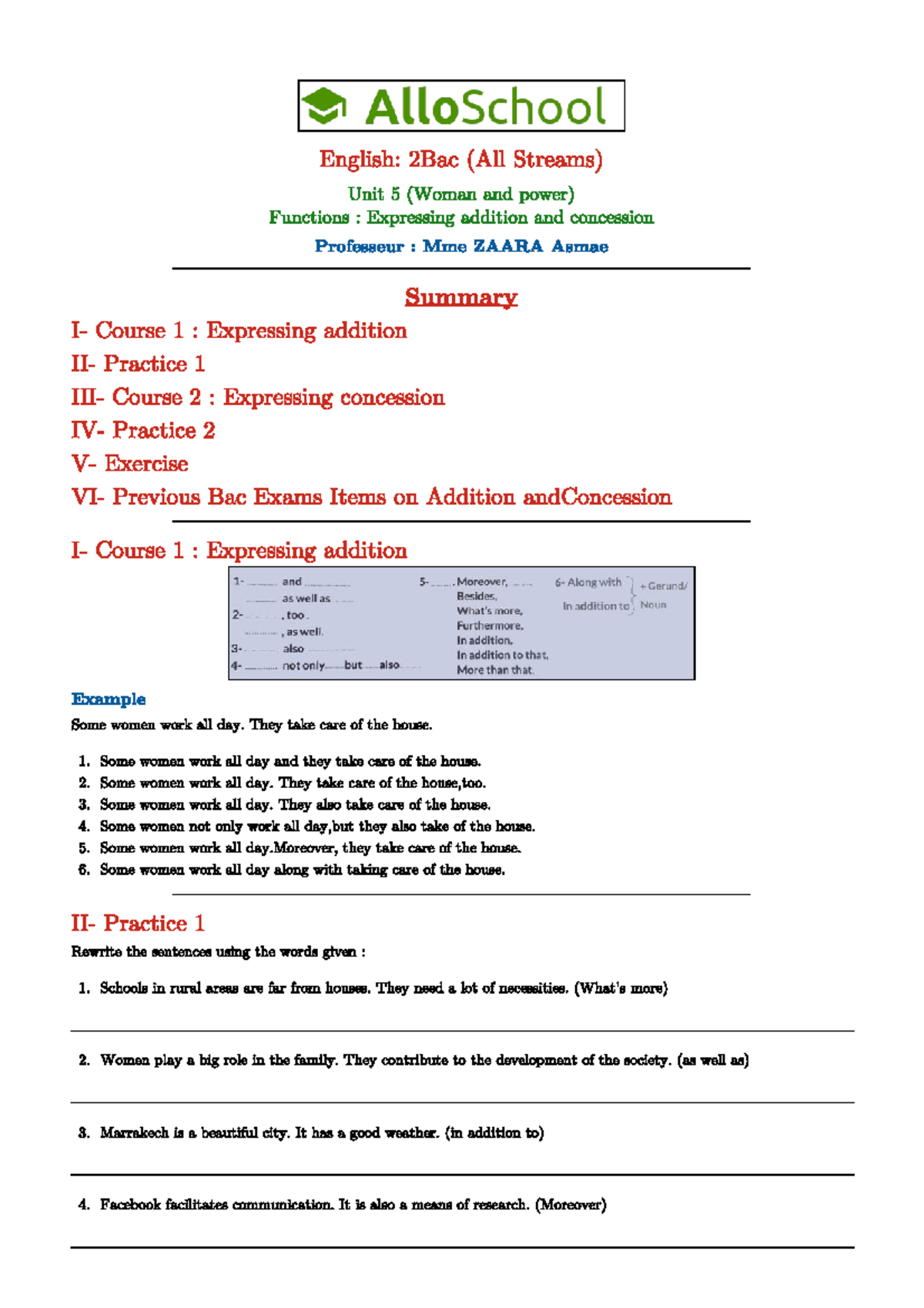 Functions 5 expressing addition and concession English Studocu