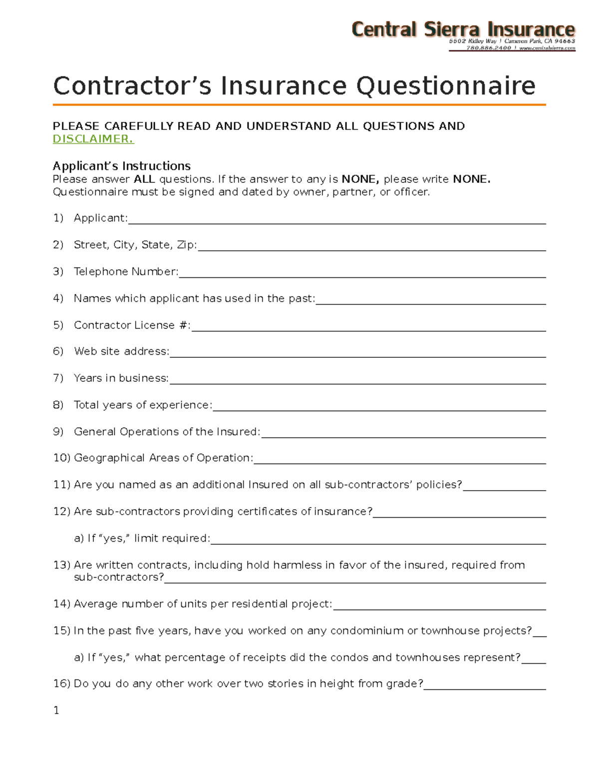 Writing course pt 3 - Contractor’s Insurance Questionnaire PLEASE ...