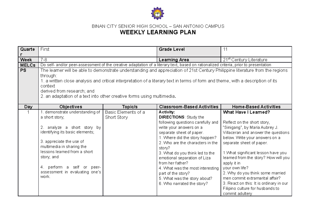 Wlp 21 Stcentury Q1 Wk7 8 Binan City Senior High School San Antonio Campus Weekly Learning 4609