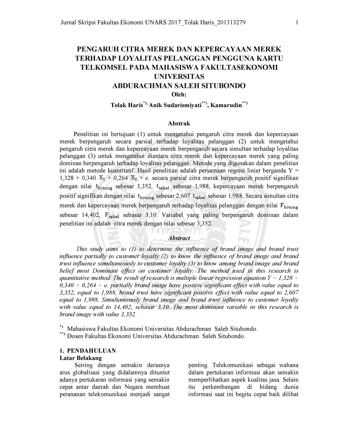 Jurnal Skripsi Fakultas Ekonomi Unars 2017 Tolak Haris 2013 13279 ...