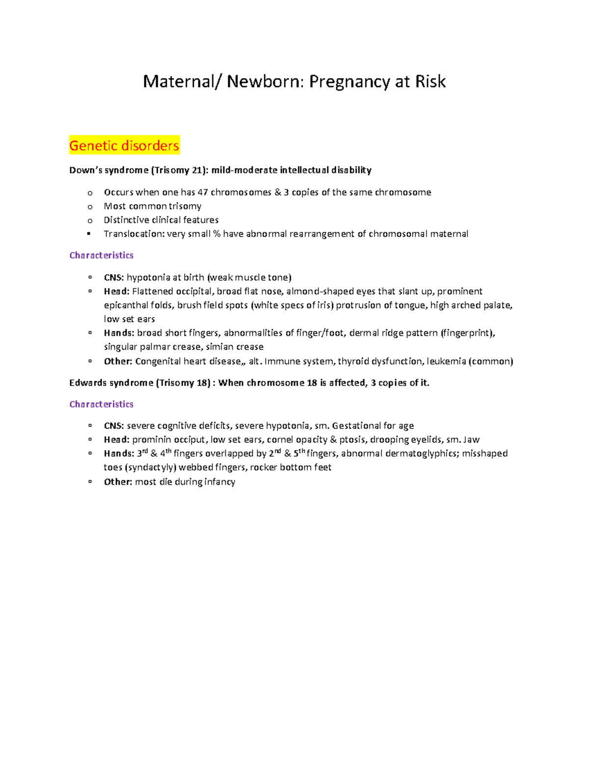 Disorders Pregnancy At Risk Maternal/ Newborn Pregnancy at