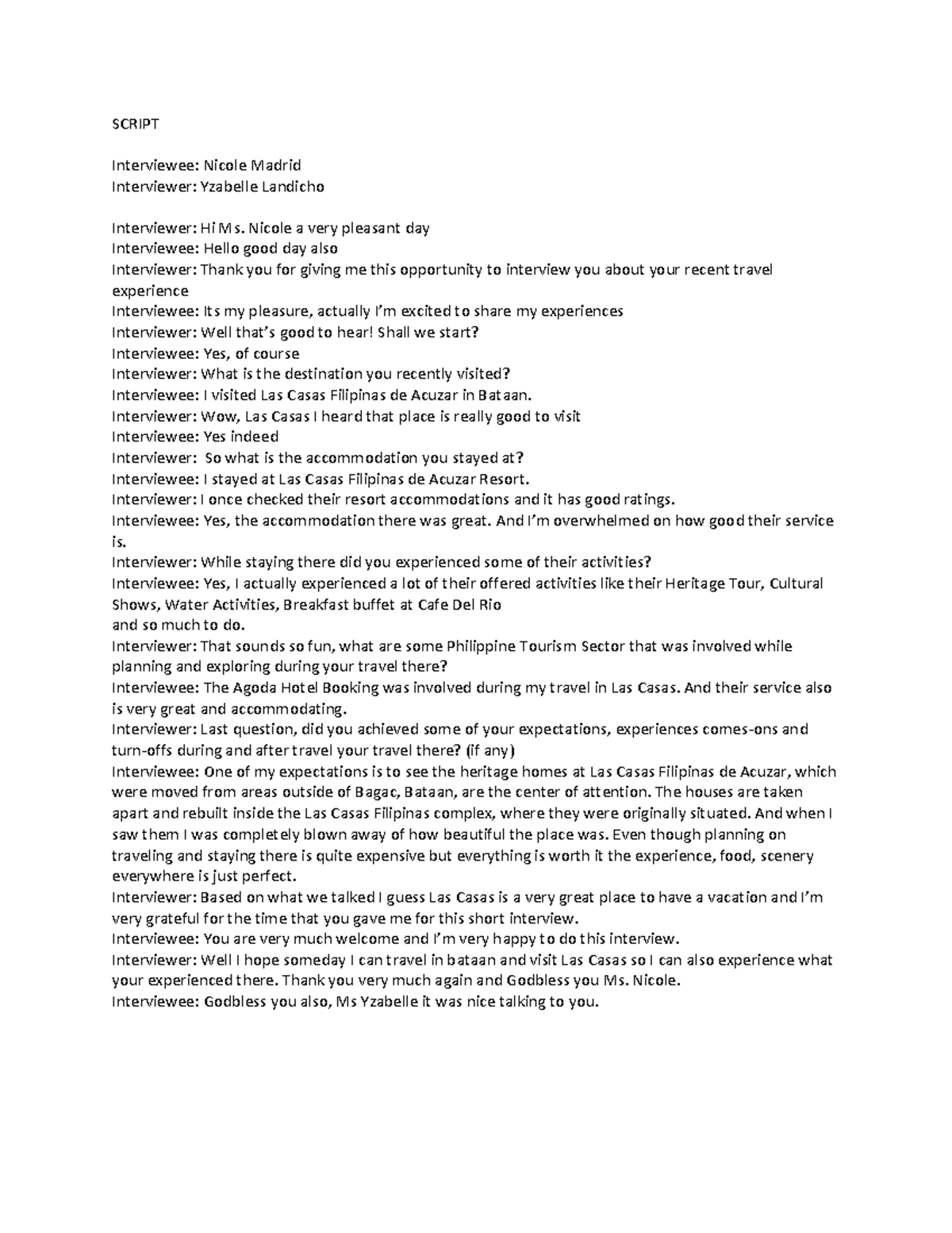 Script for interview - SCRIPT Interviewee: Nicole Madrid Interviewer ...