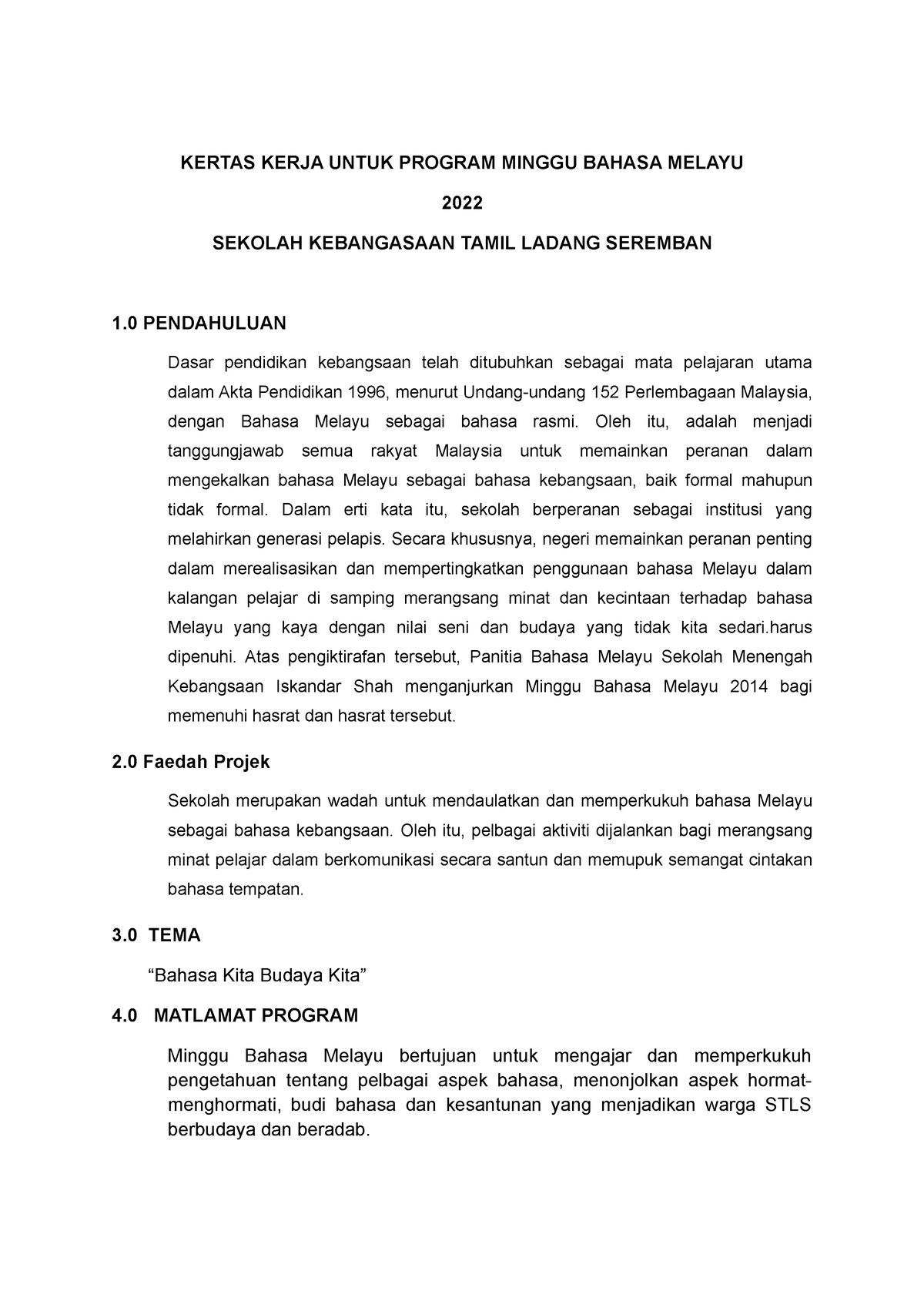 Kertas Kerja Untuk Program Minggu Bahasa Melayu Kertas Kerja Untuk