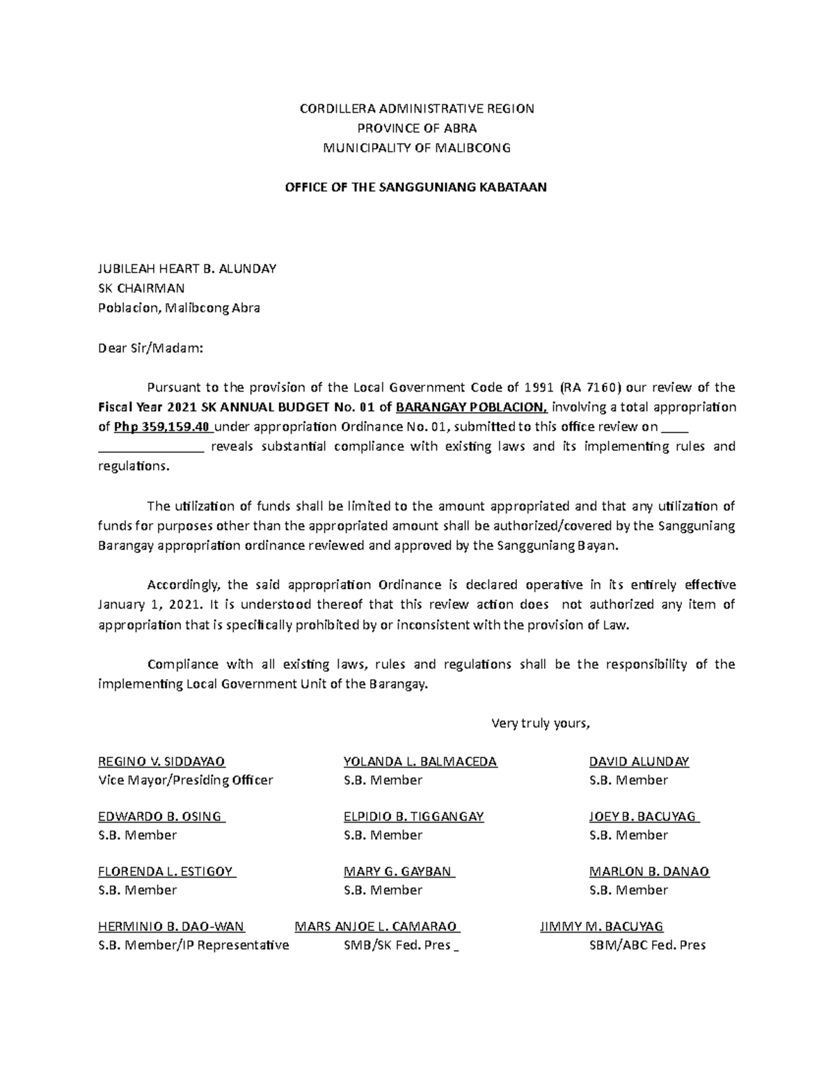 Chairman Letter To Sangguniang Kabataan Cordillera Administrative Region Province Of Abra