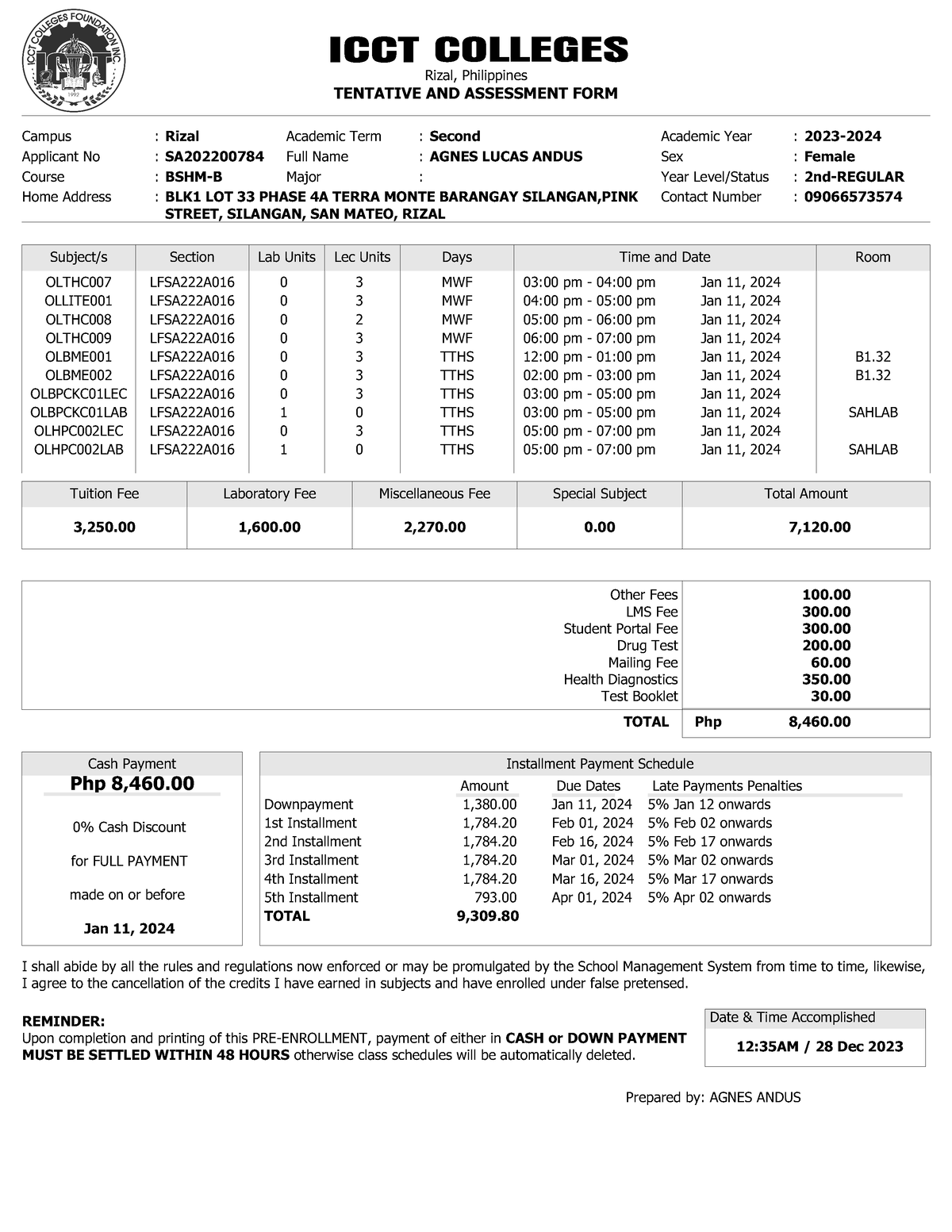 Tentative and Assessment Form - Rizal, Philippines TENTATIVE AND ...