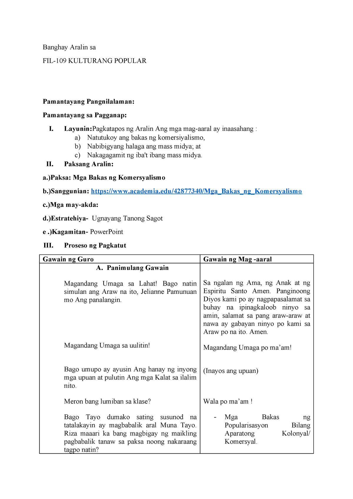 Lesson PLAN MGA Bakas NG Komersyalismo - Banghay Aralin Sa FIL-109 ...