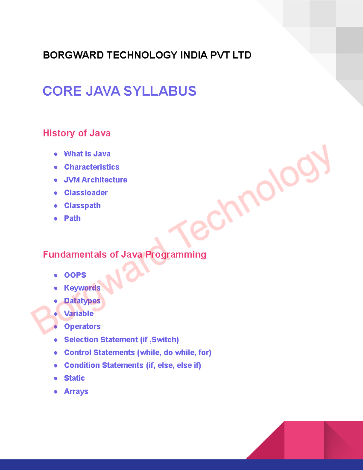 CORE JAVA Syllabus - Core jaba syllunus - BORGWARD TECHNOLOGY INDIA PVT ...