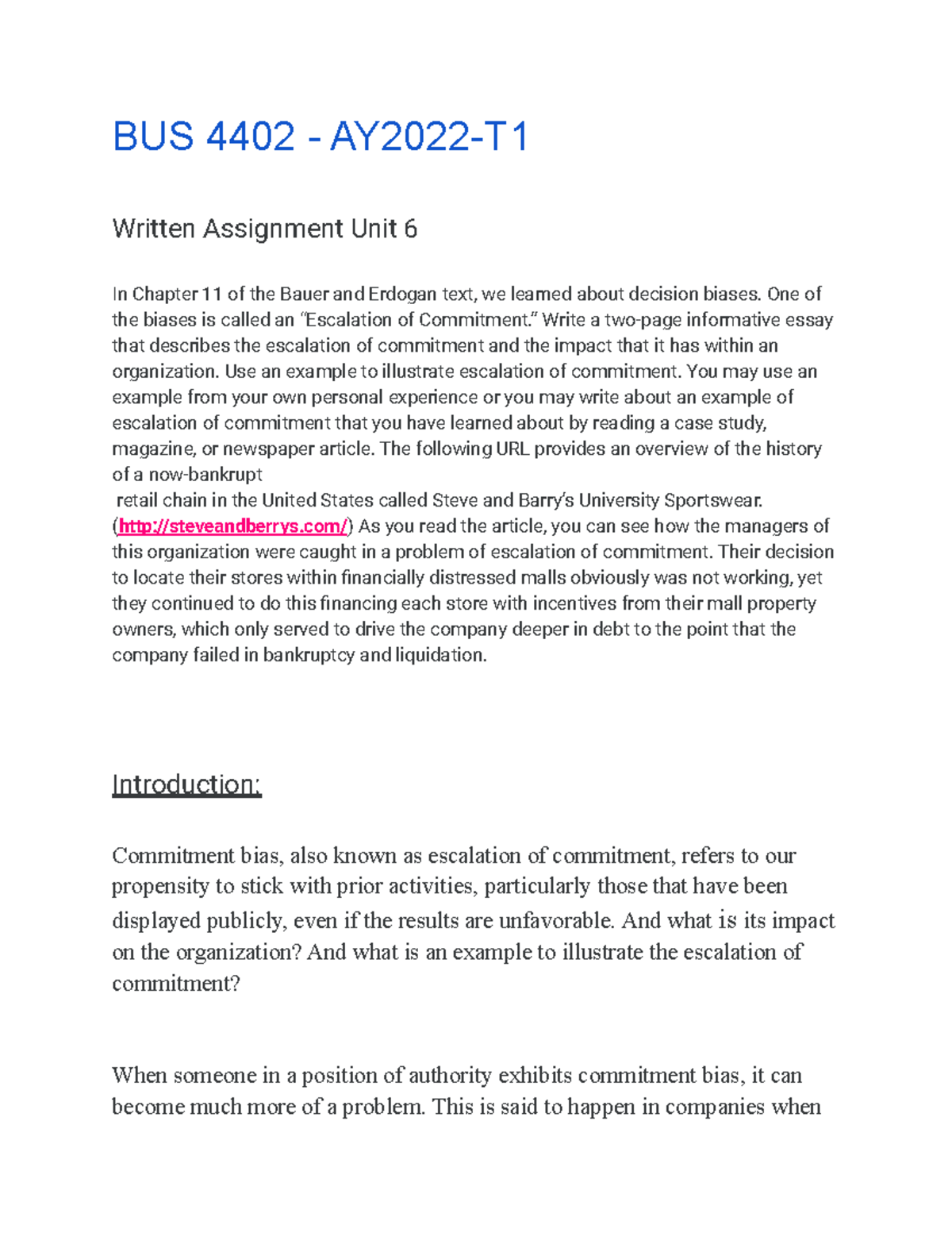 BUS 4402 - AY2022-T1 unit 6 - BUS 4402 - AY2022-T Written Assignment ...
