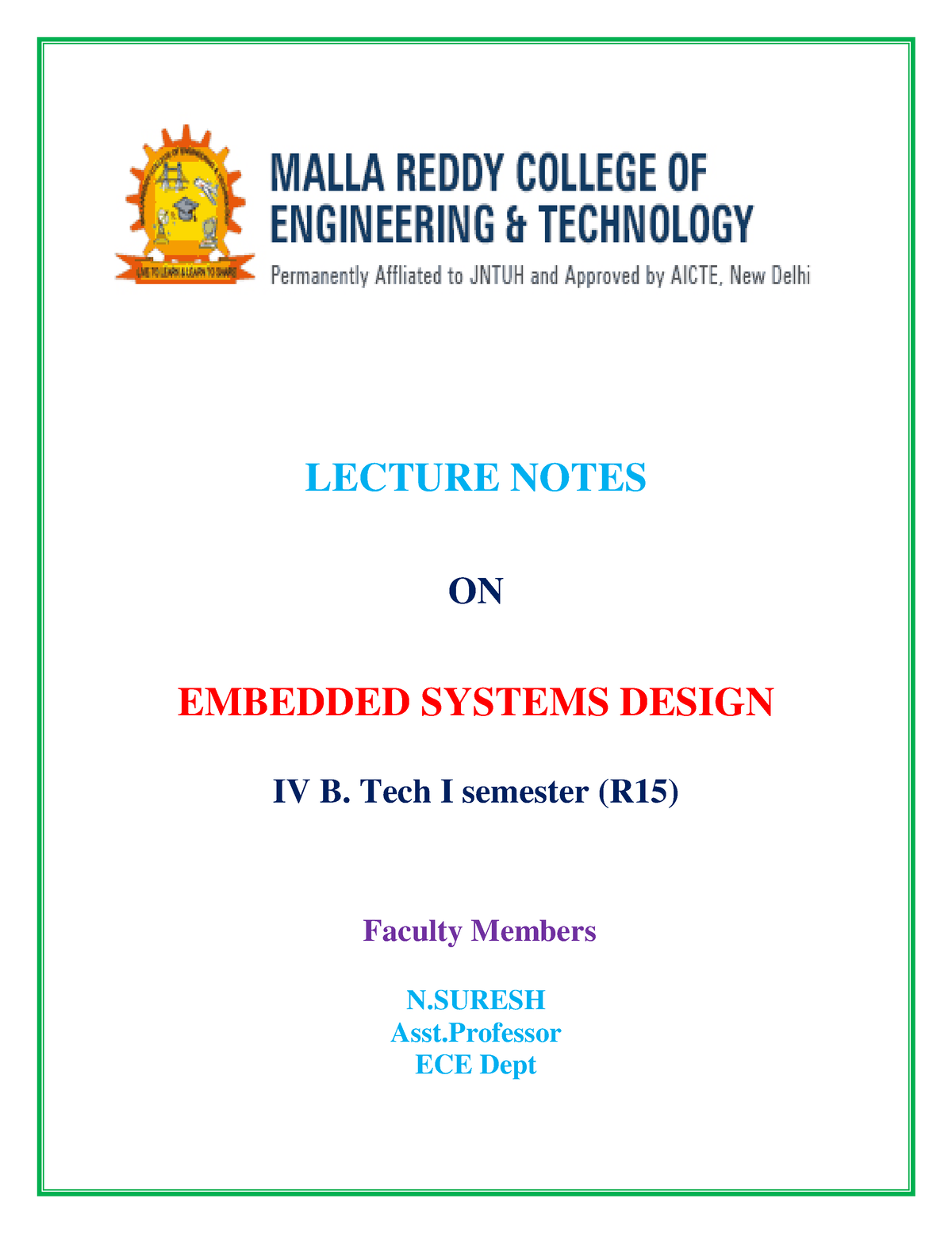 Embedded Systems Design - LECTURE NOTES ON EMBEDDED SYSTEMS DESIGN IV B ...