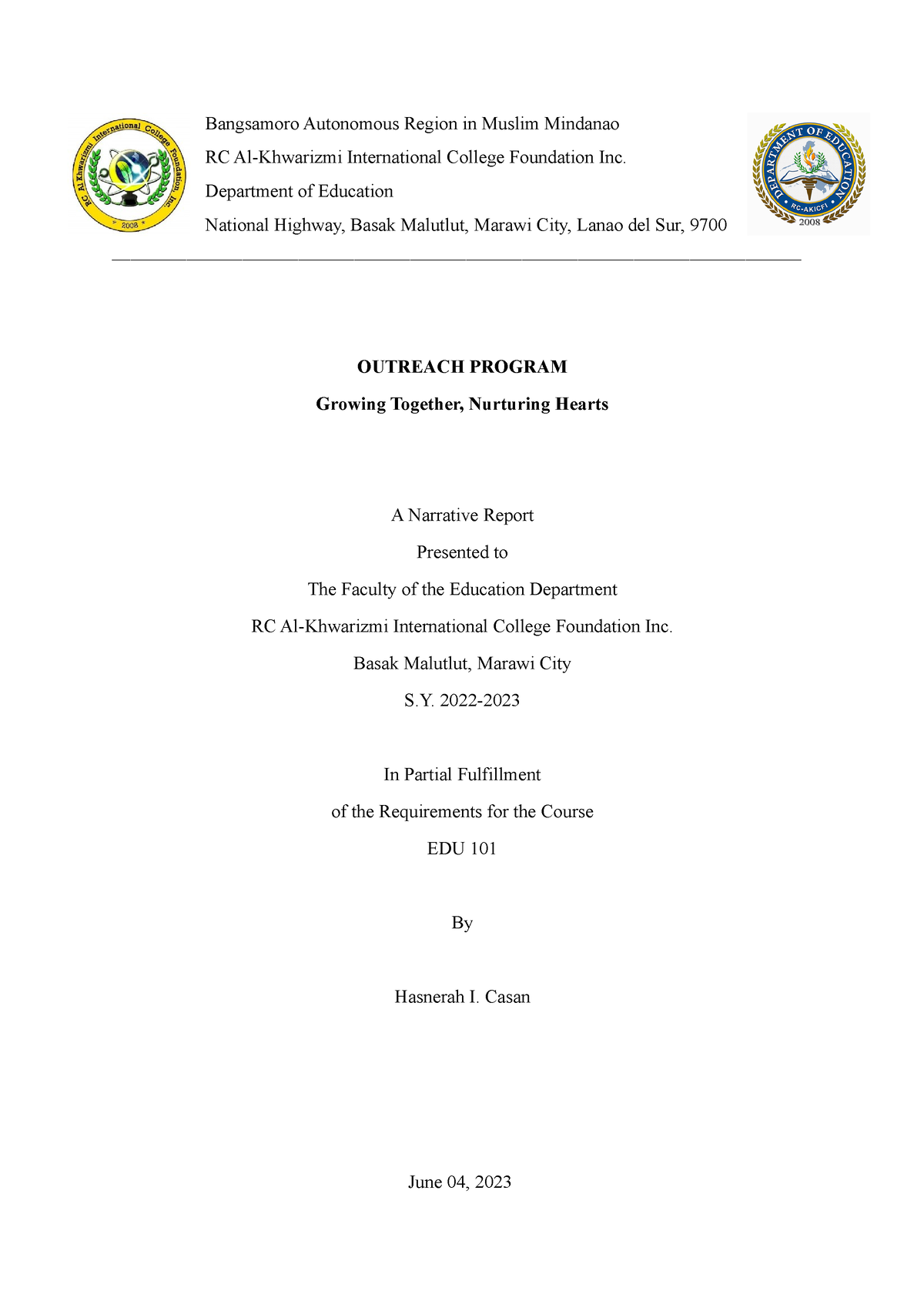 Outreach Program Narrative Report - Bangsamoro Autonomous Region In ...