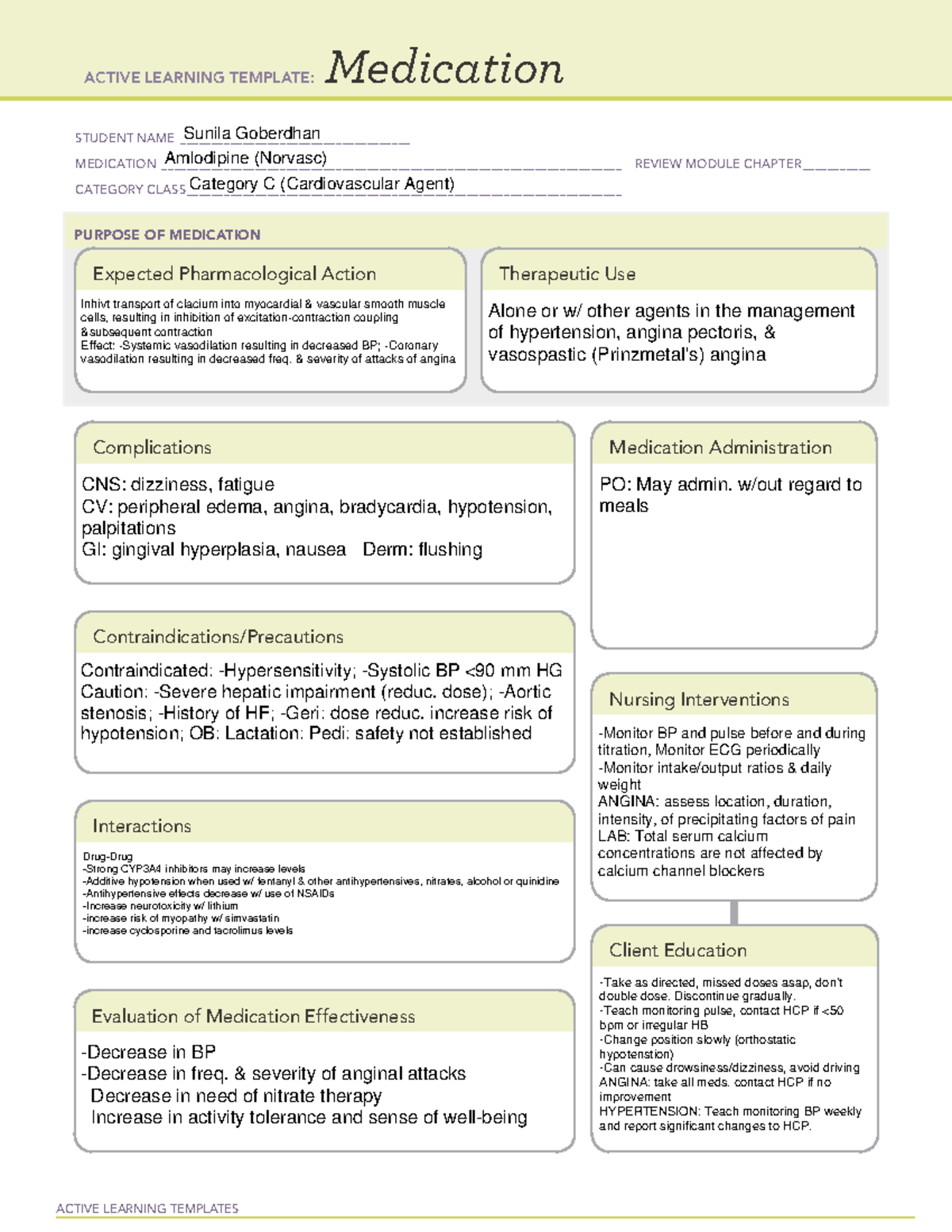 Amlodipine - practice - ACTIVE LEARNING TEMPLATES Medication STUDENT ...