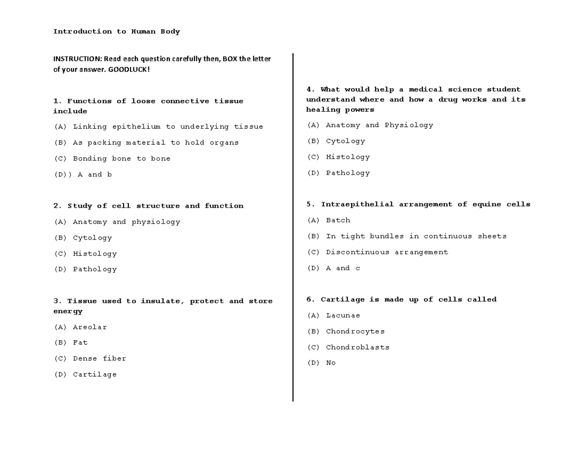 Intro to Human Body Multiple choice quiz INSTRUCTION Read each
