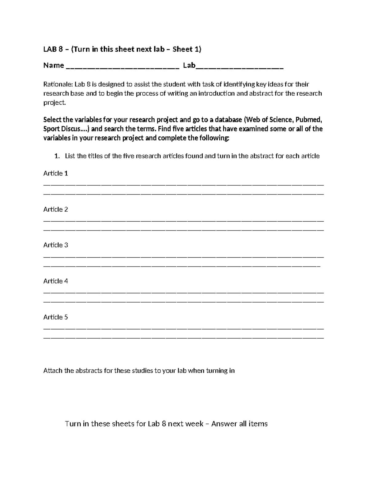 Kinesiology 310 Lab 8 Research Base - LAB 8 – (Turn in this sheet next ...