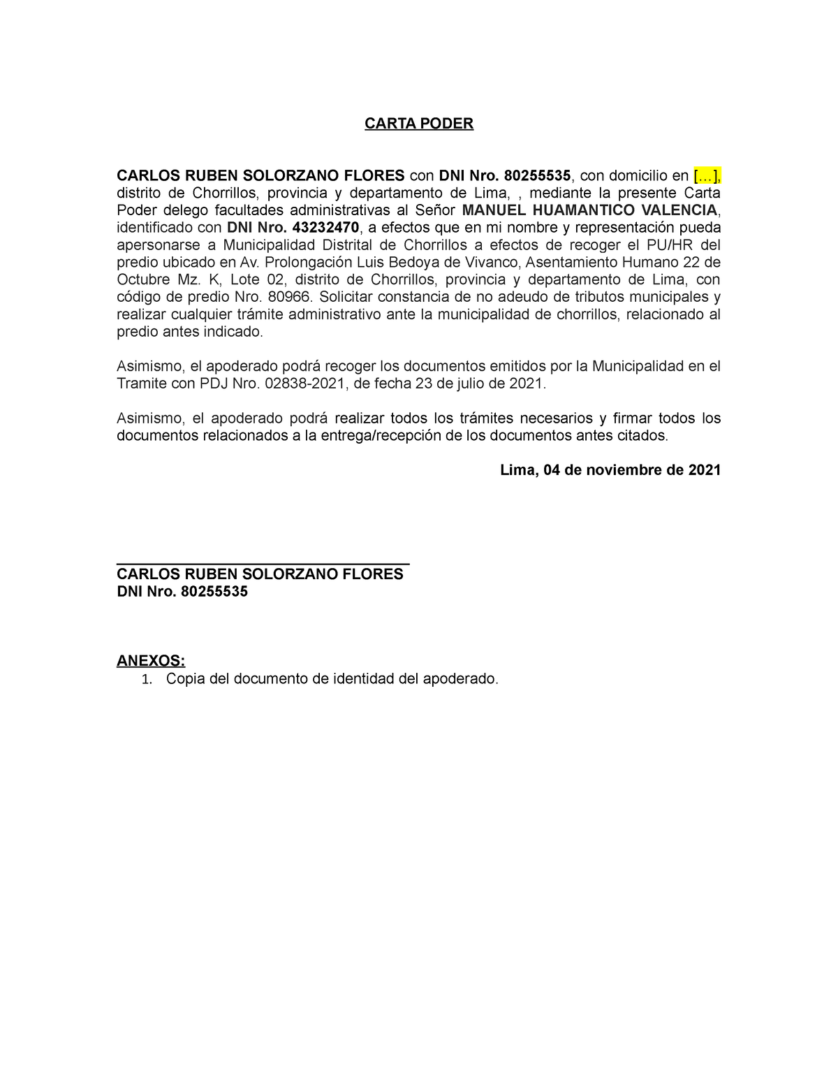 Modelo de Carta Poder Tramite Municipal - CARTA PODER CARLOS RUBEN  SOLORZANO FLORES con DNI Nro. - Studocu