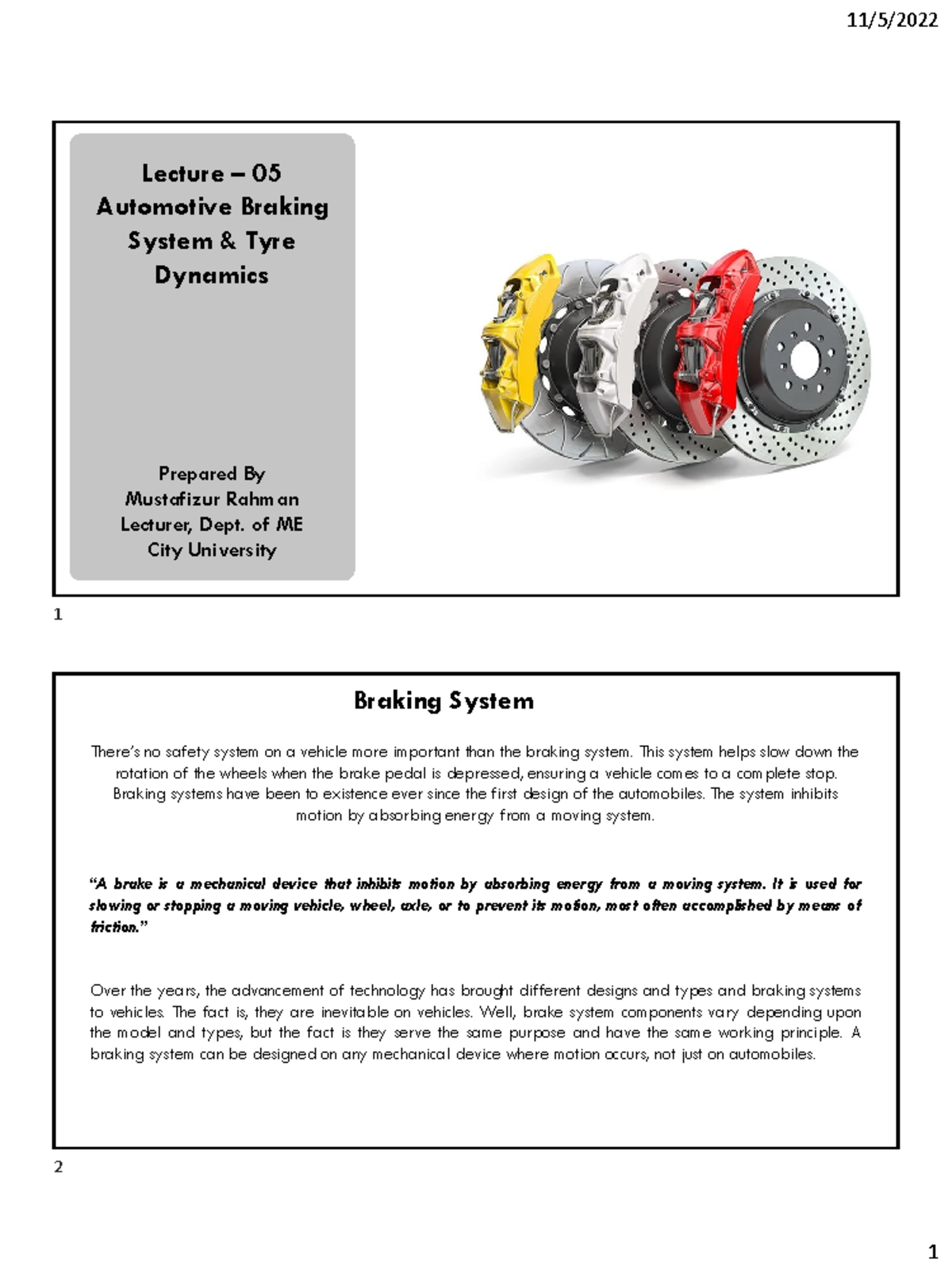 Lecture 05 - Automotive Braking System - Prepared By Mustafizur Rahman ...