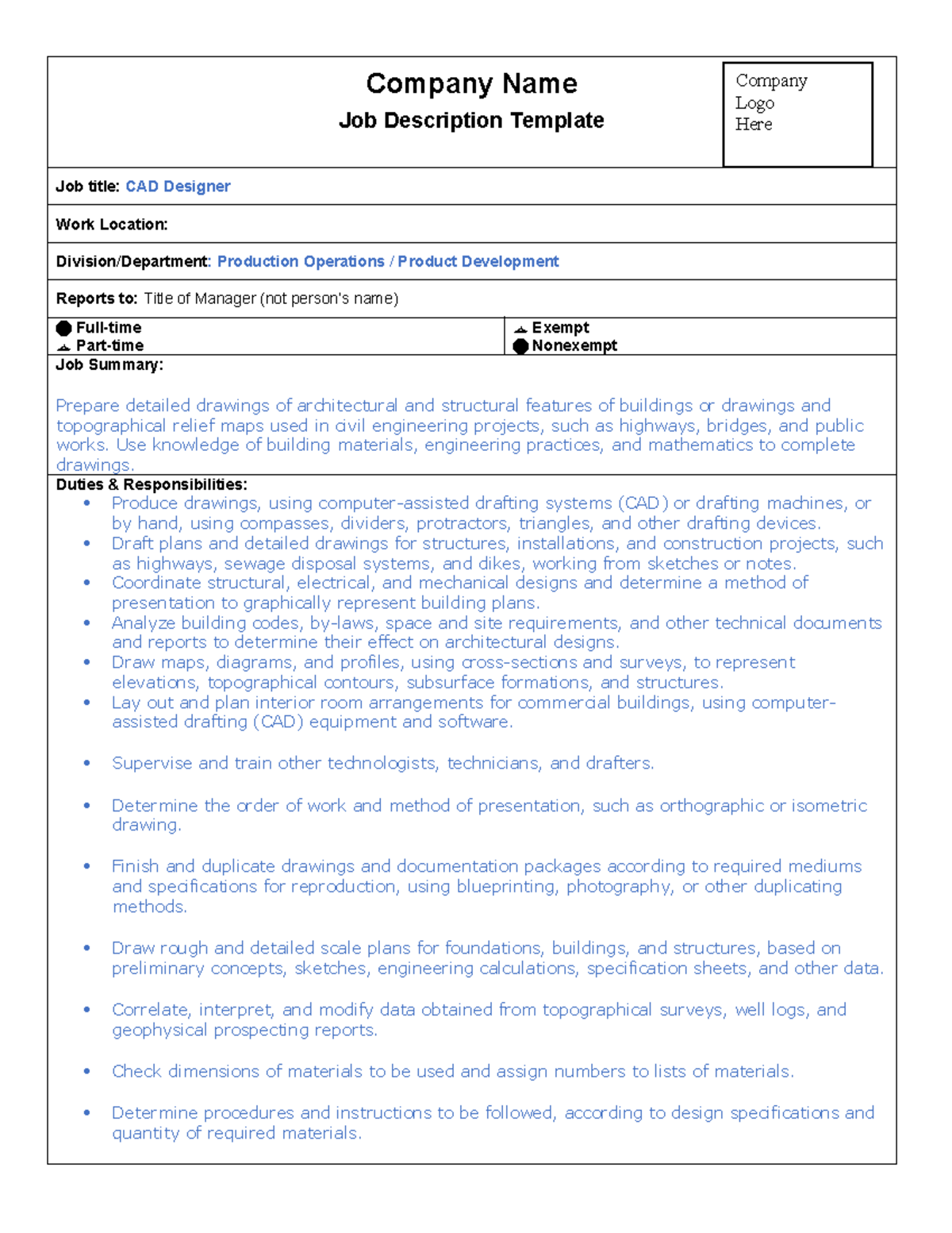 CAD Designer - job description - Company Name Job Description Template ...