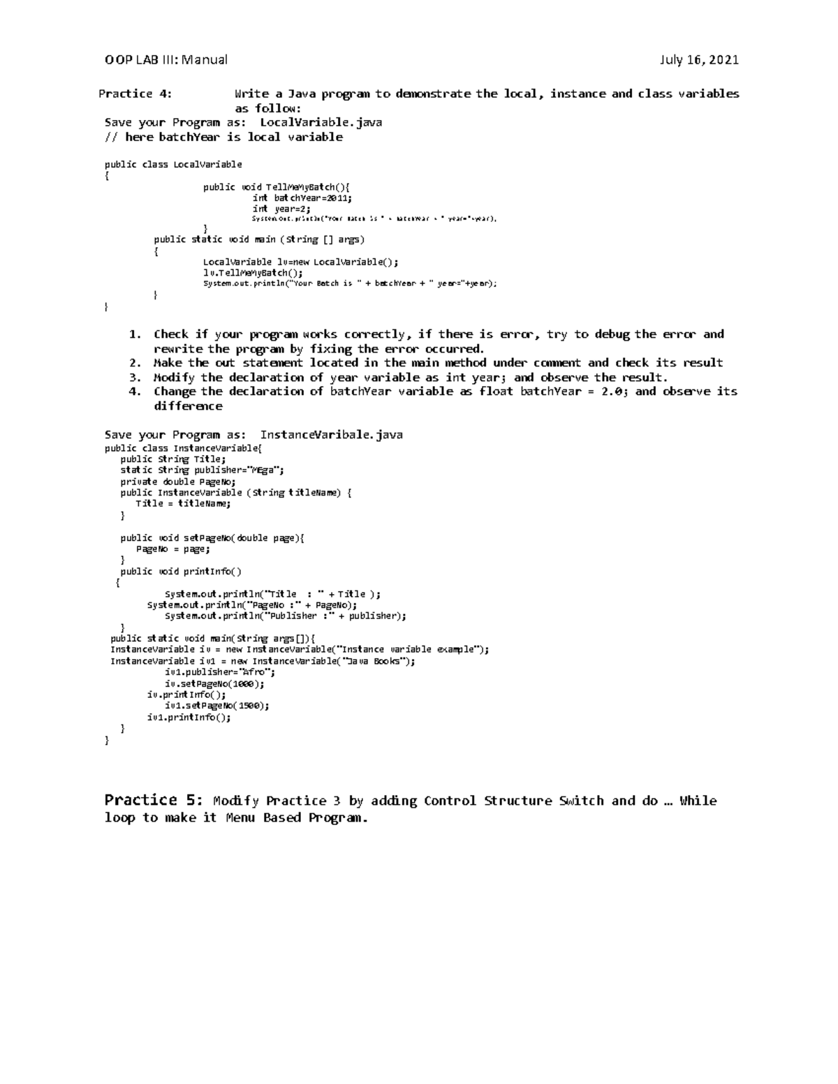 OOP LAB ExerciseJul162021 OOP LAB III Manual July 16, 2021