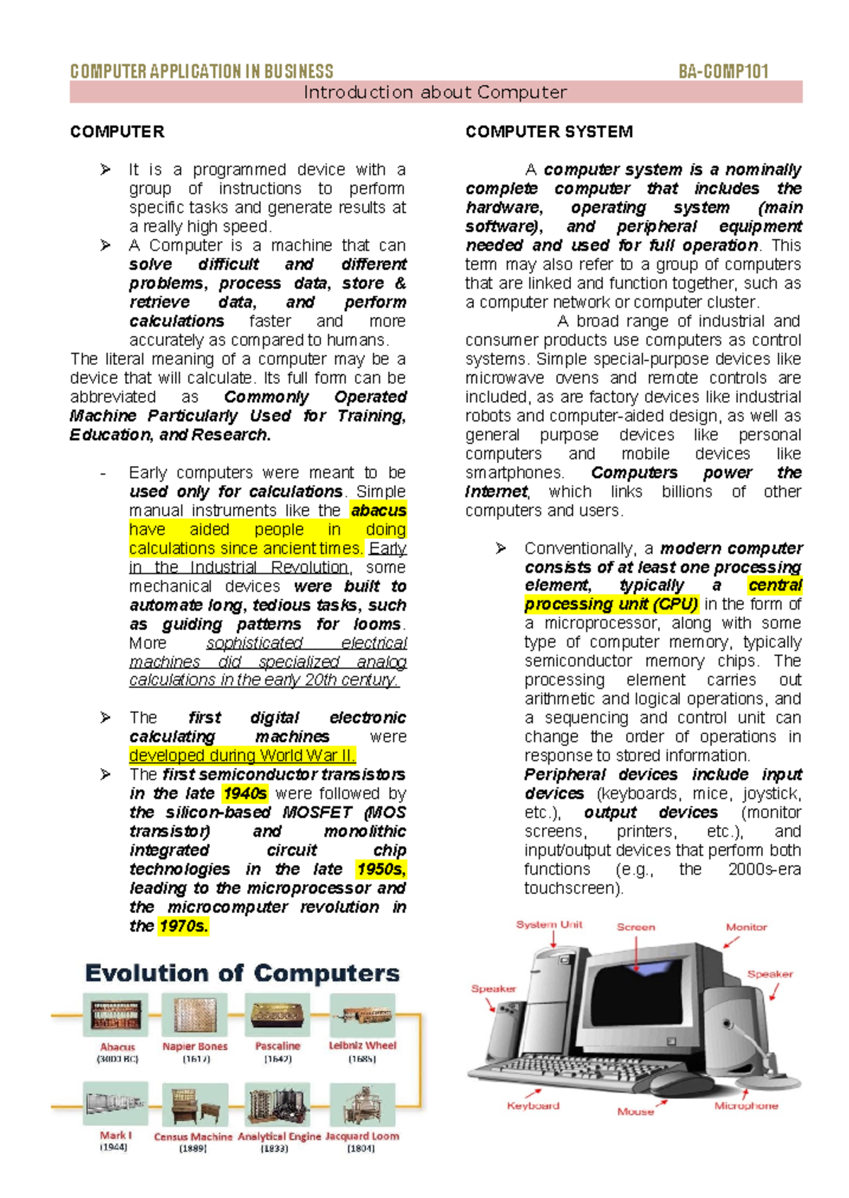Applied COMP Chapter 1 - Introduction about Computer COMPUTER It is a ...