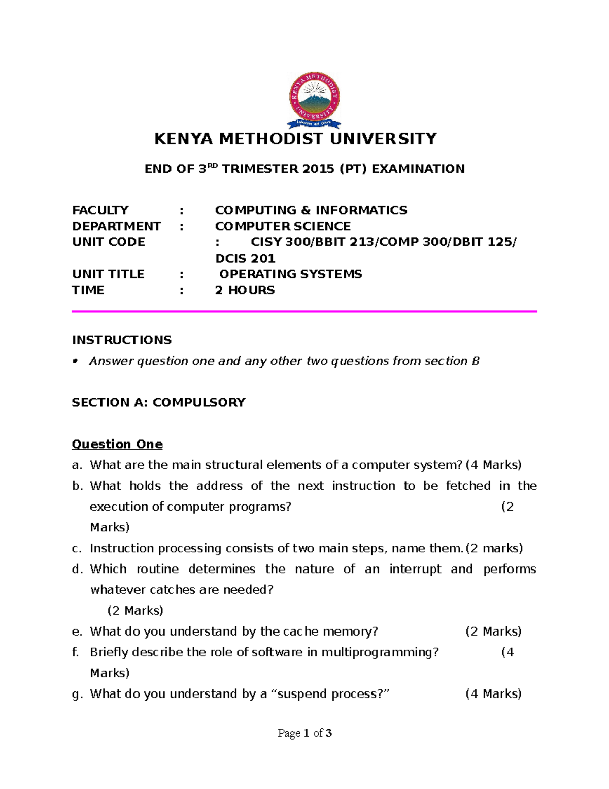 Operating Systems (CISY 300-BBIT 213-COMP 300-DBIT 125-DCIS 201) 3rd ...