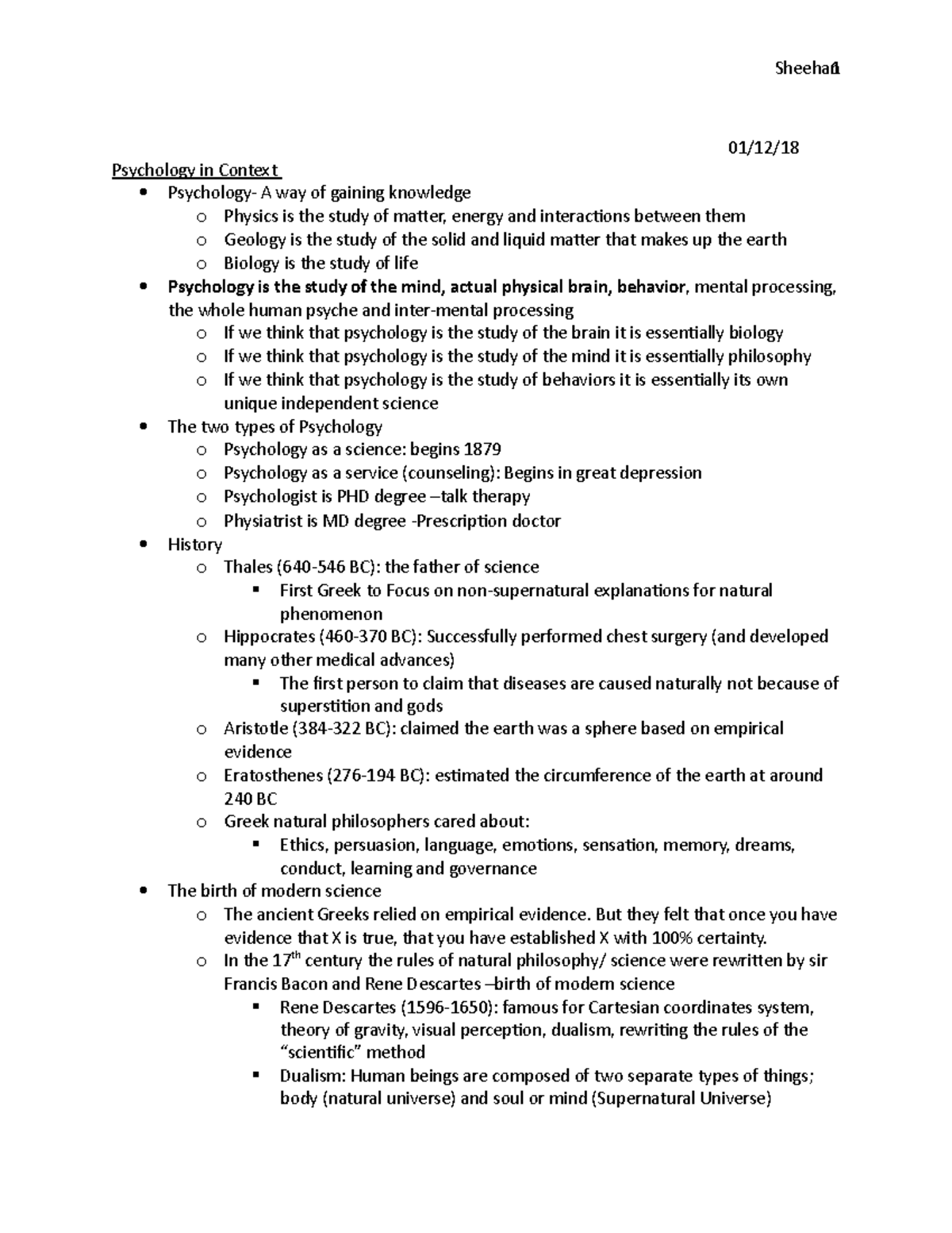 Psychology Lecture #1 - notes - Sheehan 1 Psychology in Context A way ...