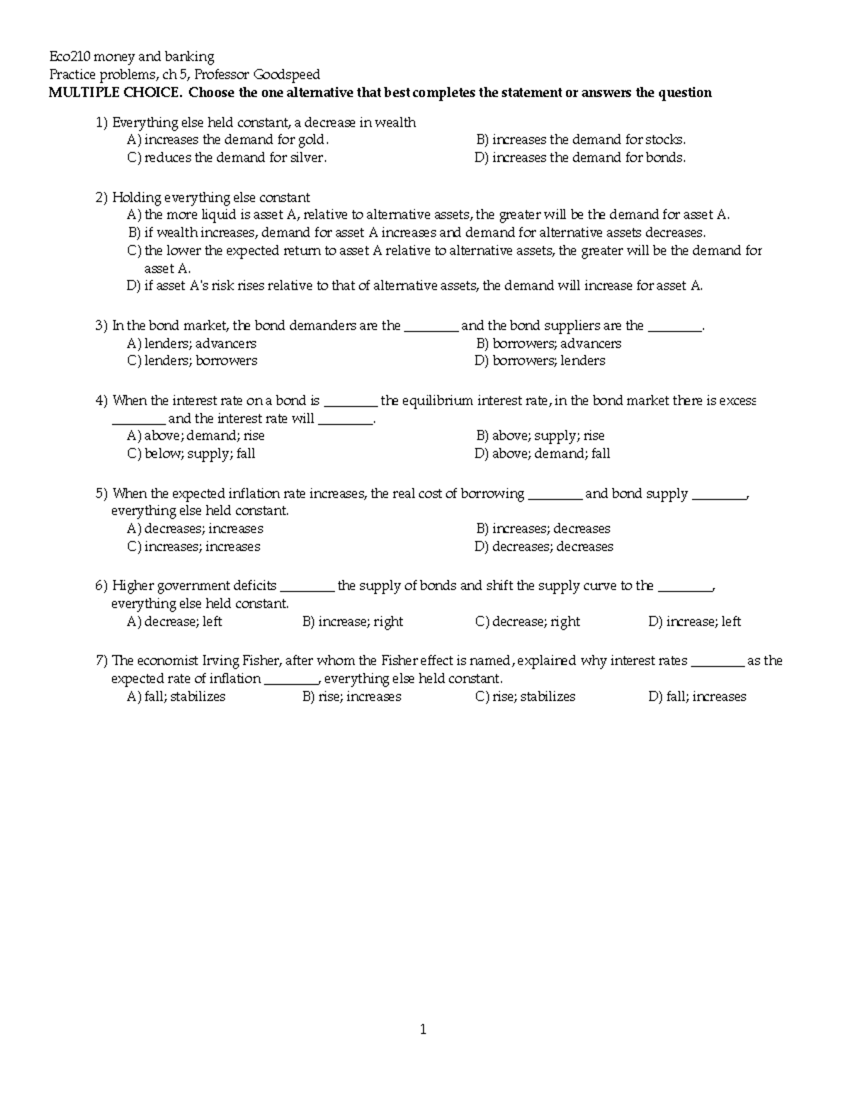 Online eco 210 practice problems - Eco210 money and banking Practice ...