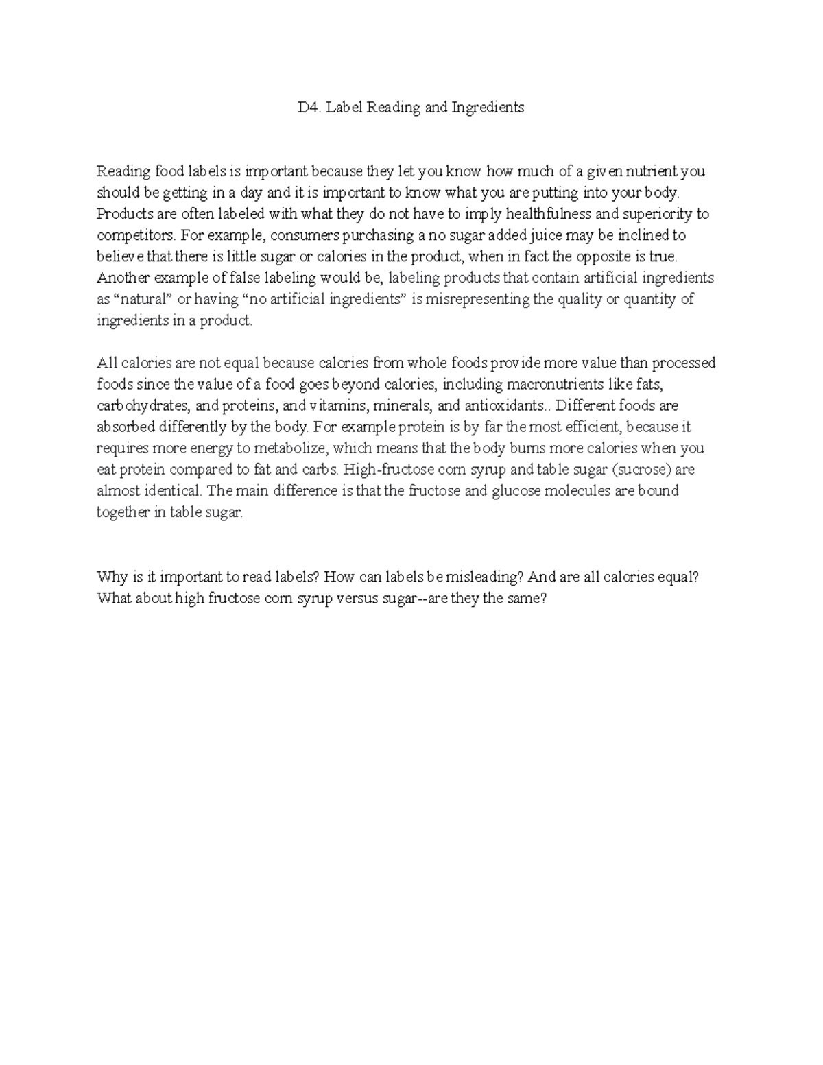 D4. Label Reading and Ingredients - D4. Label Reading and Ingredients ...