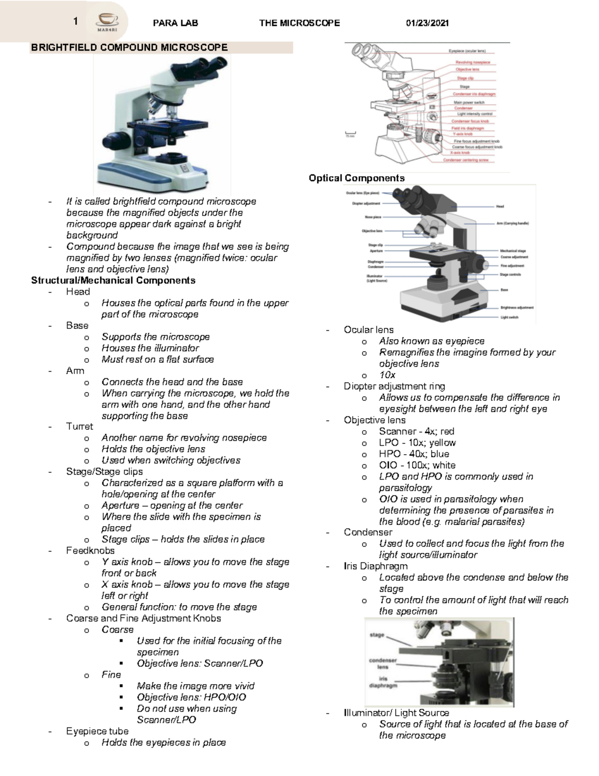 PARASITOLOGY LABORATORY LECTURE BRIGHTFIELD COMPOUND MICROSCOPE It is
