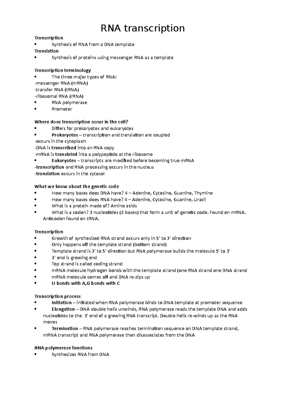 RNA transcription - Lecture notes 11-12 - RNA transcription ...