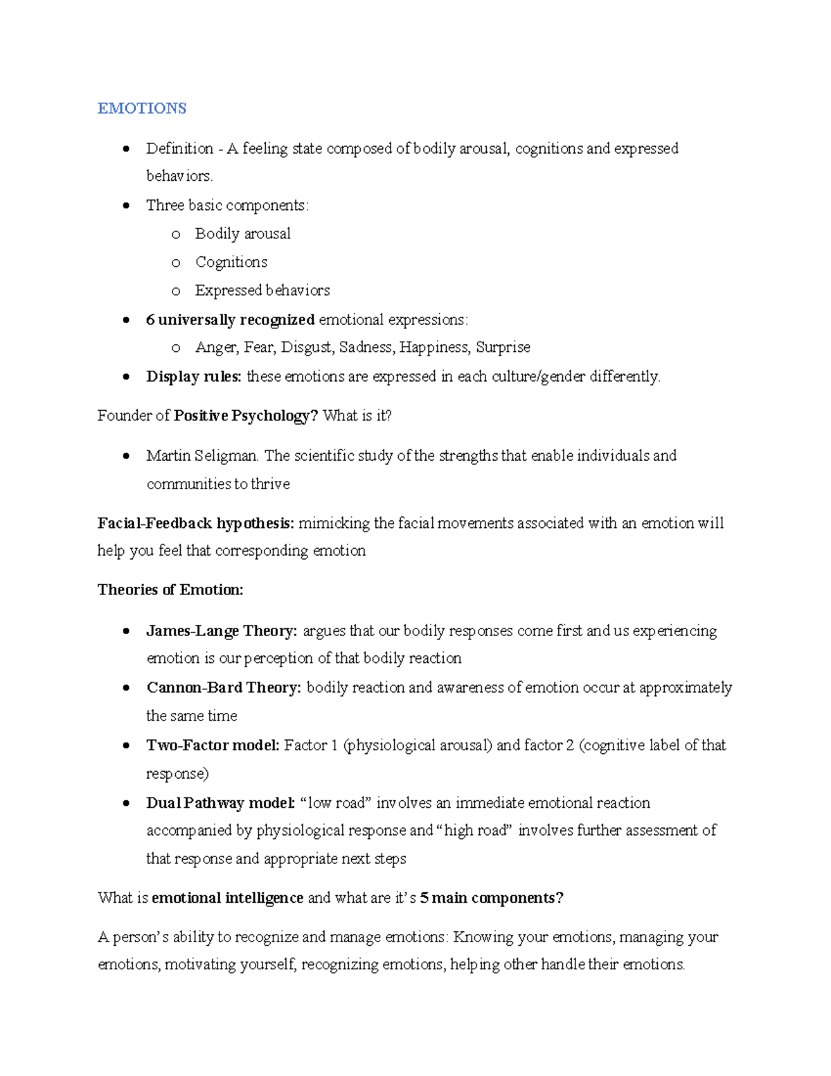 PSYC 1301 E2 -7 - EMOTIONS - EMOTIONS Definition - A feeling state ...