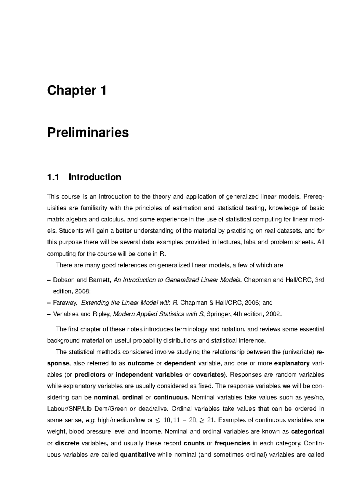 Lecture Notes Generalised Linear Models - Chapter 1 Preliminaries 1 ...